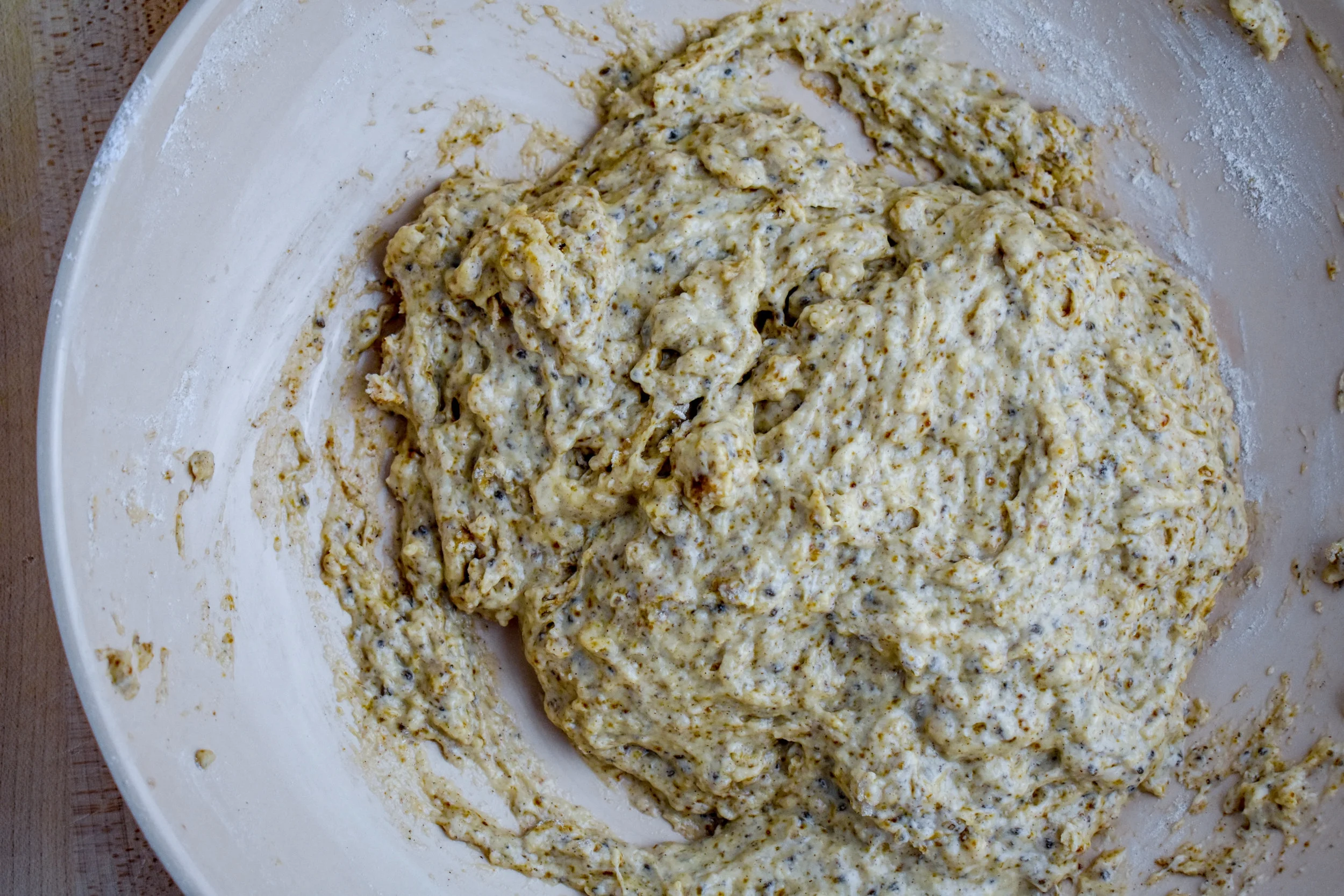 2. Next, whisk in the melted butter, chia egg, non-dairy milk, and vanilla extract.