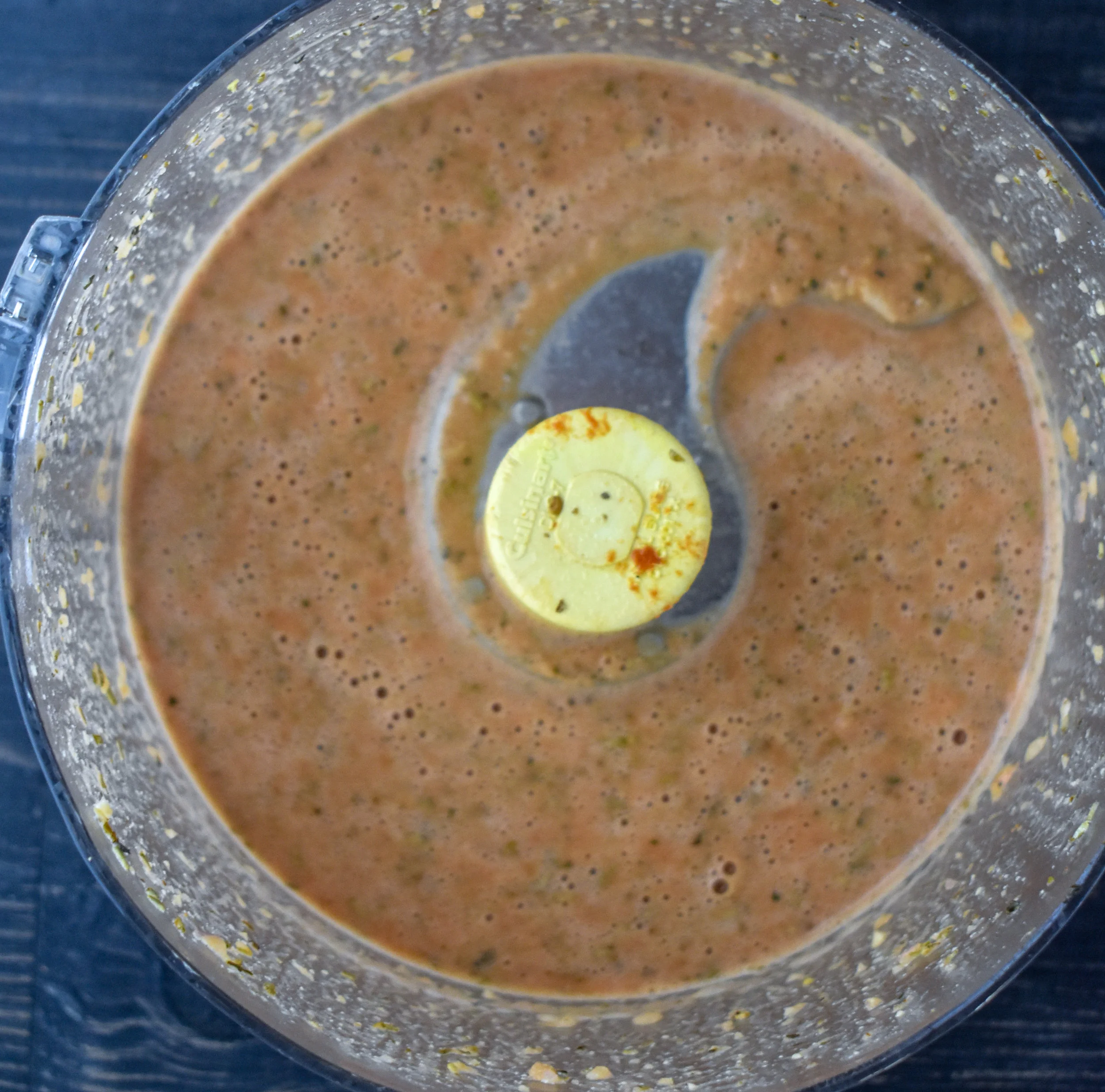1. Start by adding all ingredients under "Gyro Meat" to food processor sans wheat gluten. Blend in food processor for 10-15 seconds until smooth. 