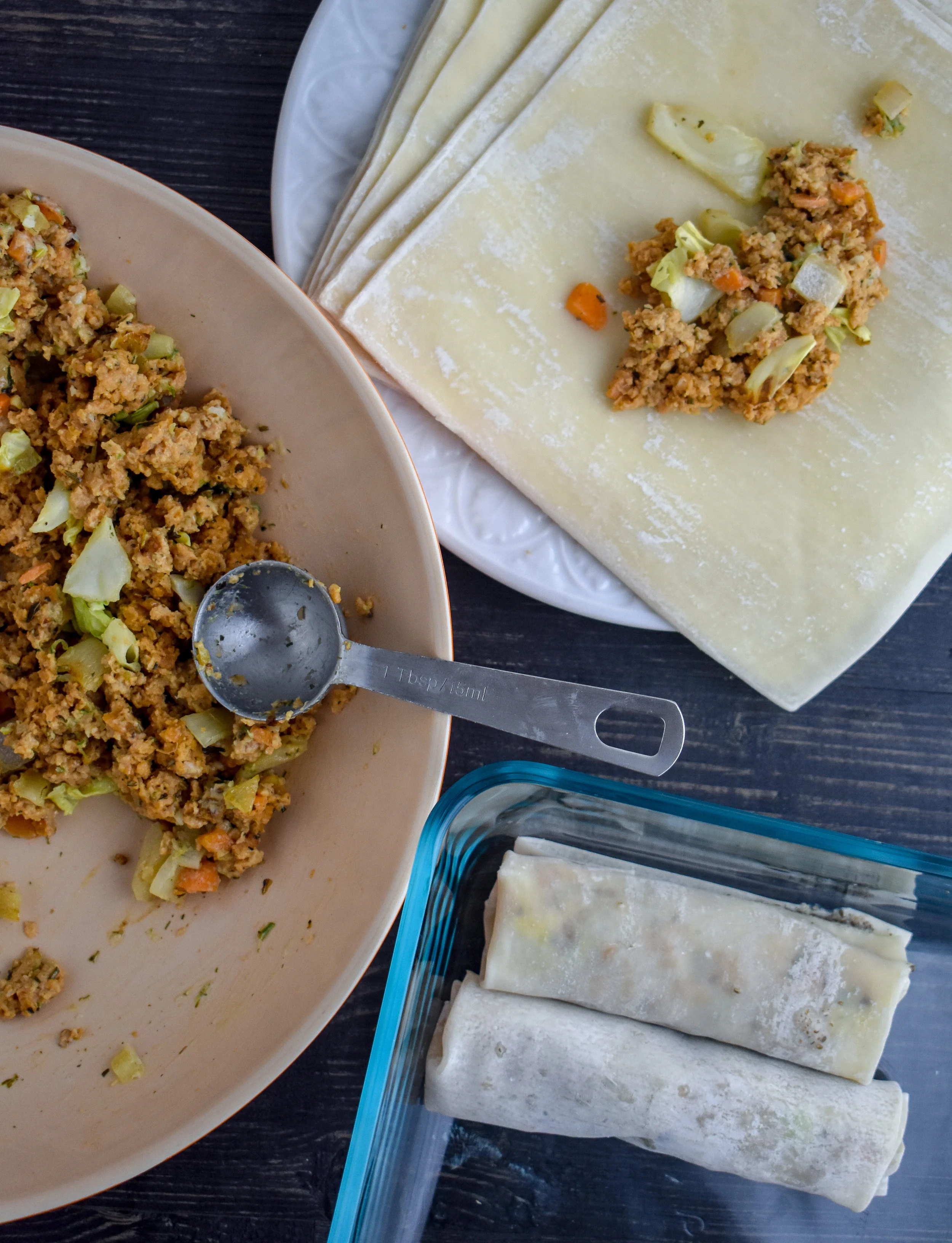 9. Finally, we are ready to form our spring rolls. Fill each wrapper with 2 tbl of the mixture until you run out. I made about 9 (8 and a wee one). 