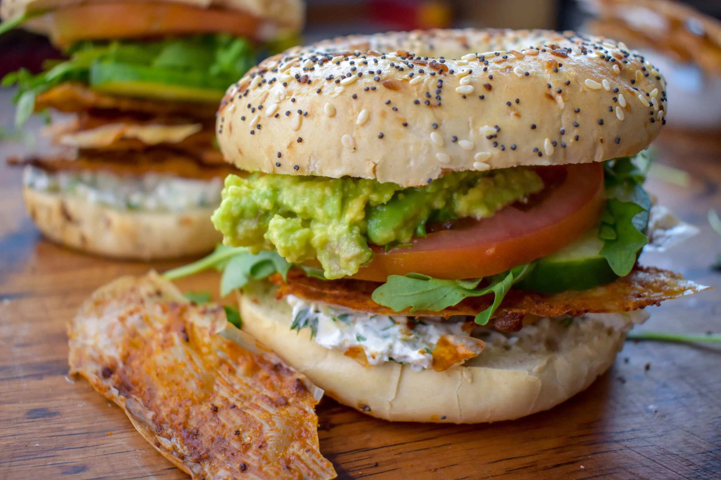 30-Minute Ultimate Breakfast Bagel Sandwich w/ Vegan Rice Paper Bacon, Dairyfree Herb + Garlic Cream Cheese, and Veggies