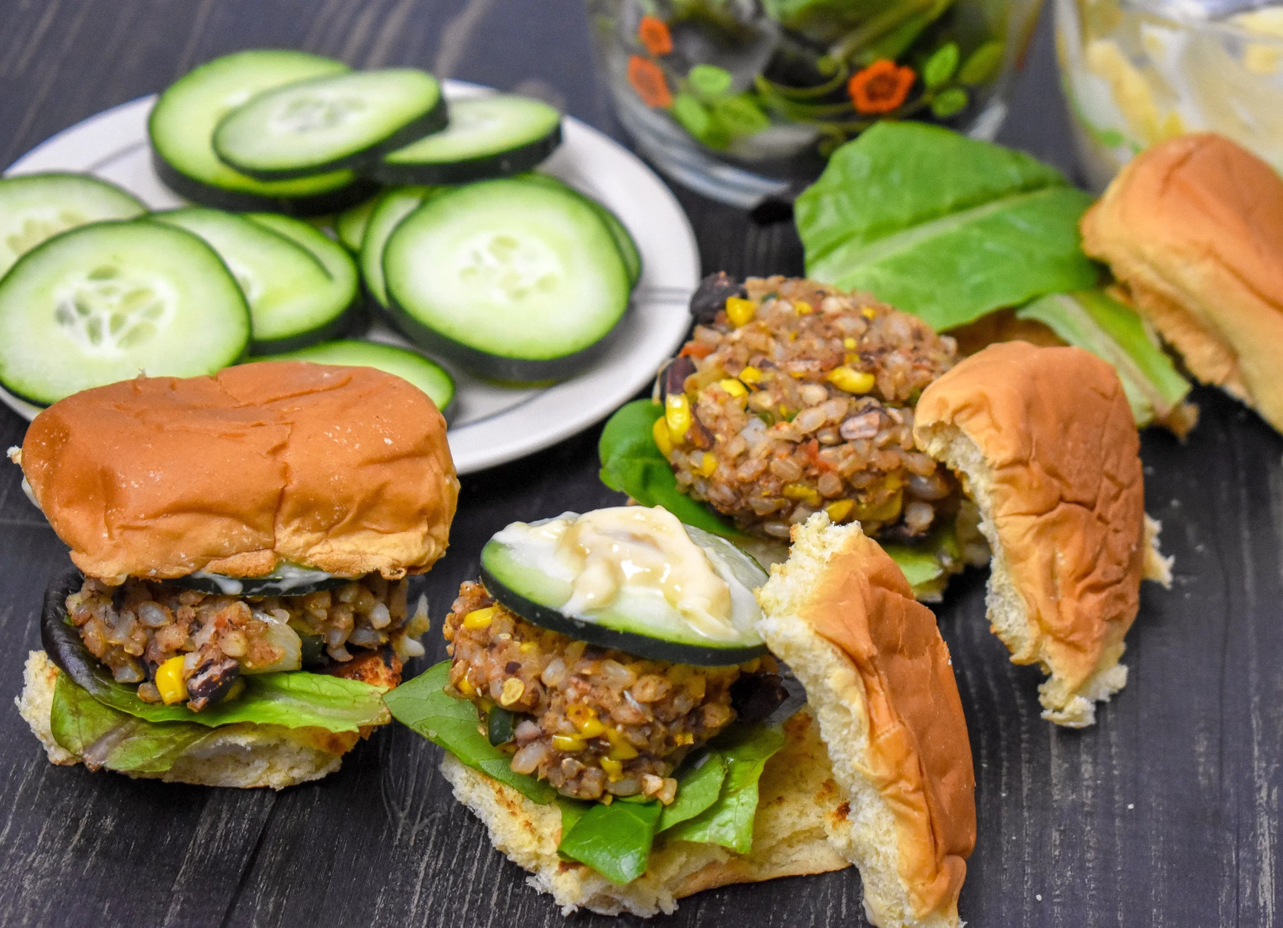 9. To serve, add fresh greesn to bun, slider, add cucumber slice, and miso mayo. Finally top with bun top! Enjoy!