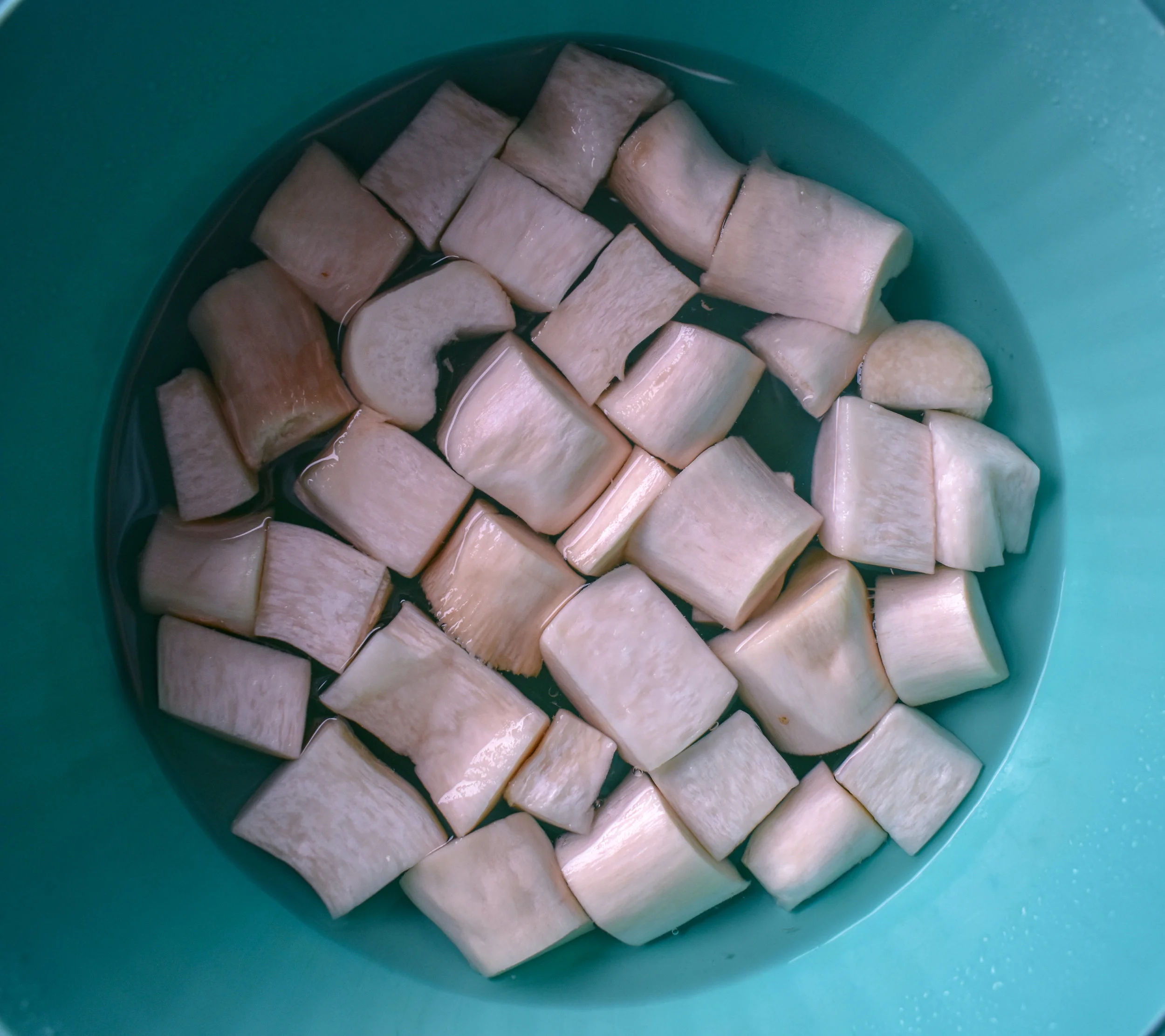 1. Start by placing the oyster mushroom segments into a bowl of warm water. Let it soak for 15 minutes to soften up and get the right texture.