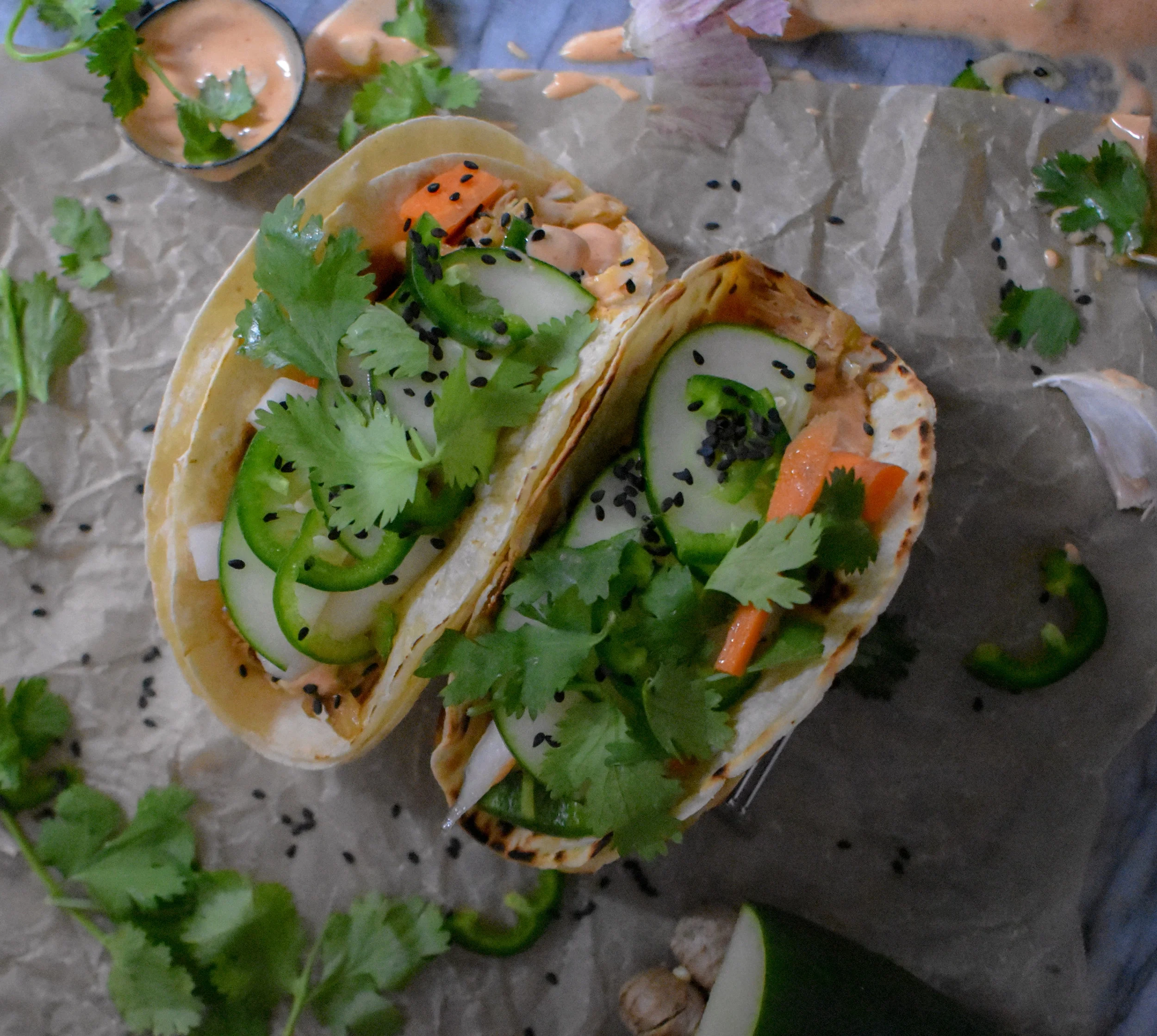 Bahn Mi Tacos w/ Jackfruit "Pork," Pickled Veggies, and Sriracha Mayo