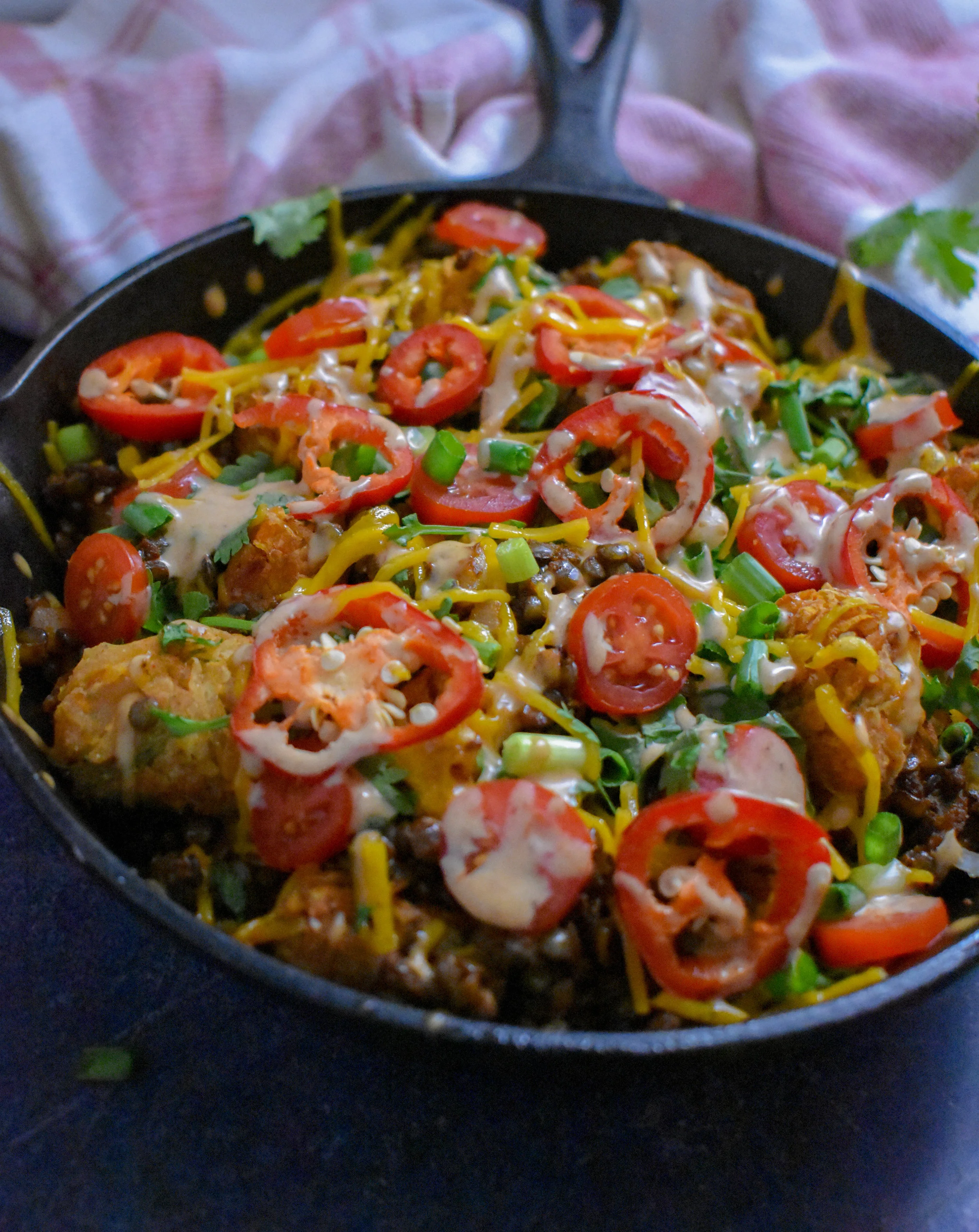 Vegan Loaded Tater Tot Nachos w/ Lentil Taco Meat, Sweet Potato Tots, Veggies, and Chipotle Aioli