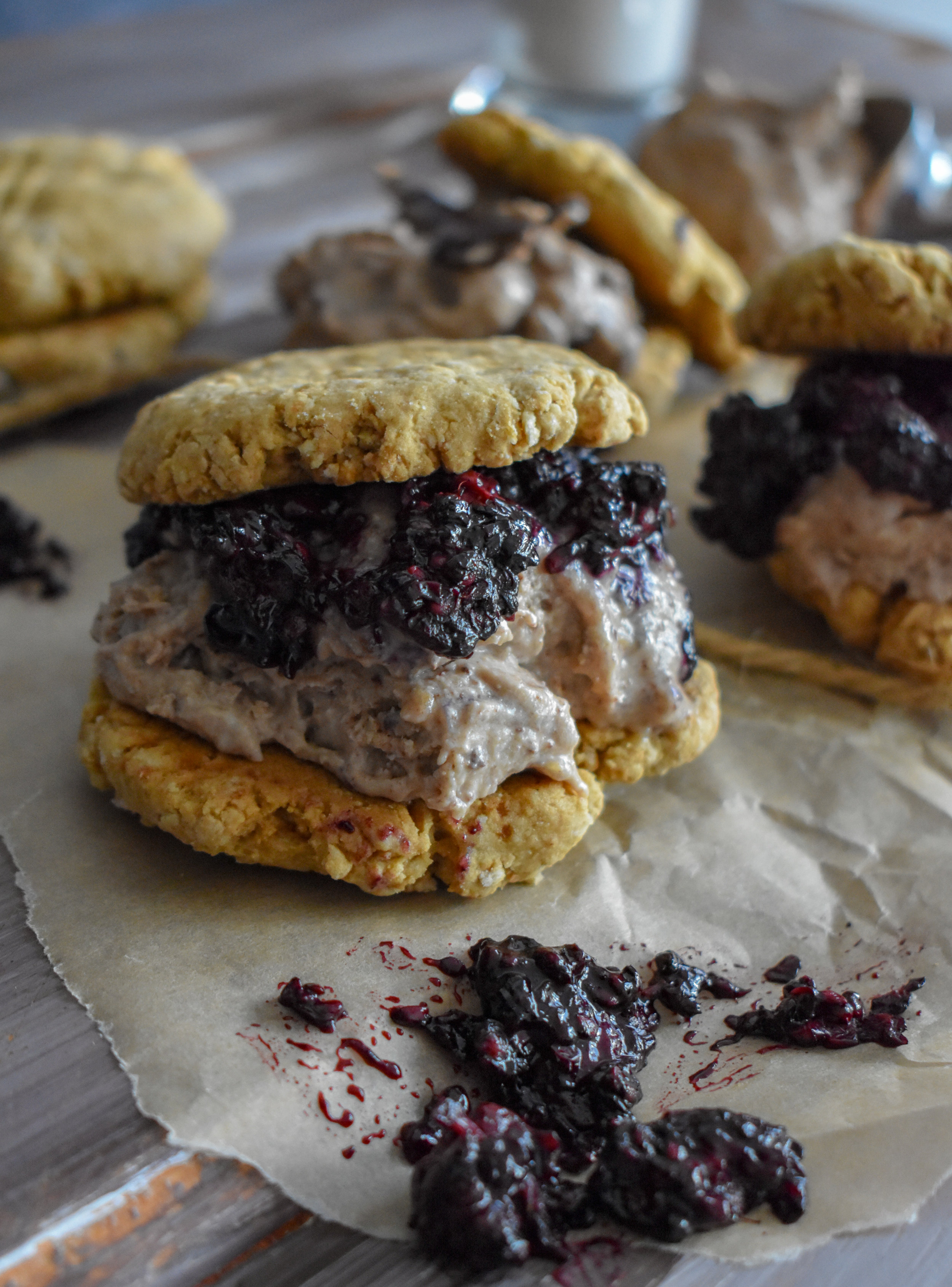 Vegan Peanut Butter + Blackberry Jam Ice Cream Sandwiches 