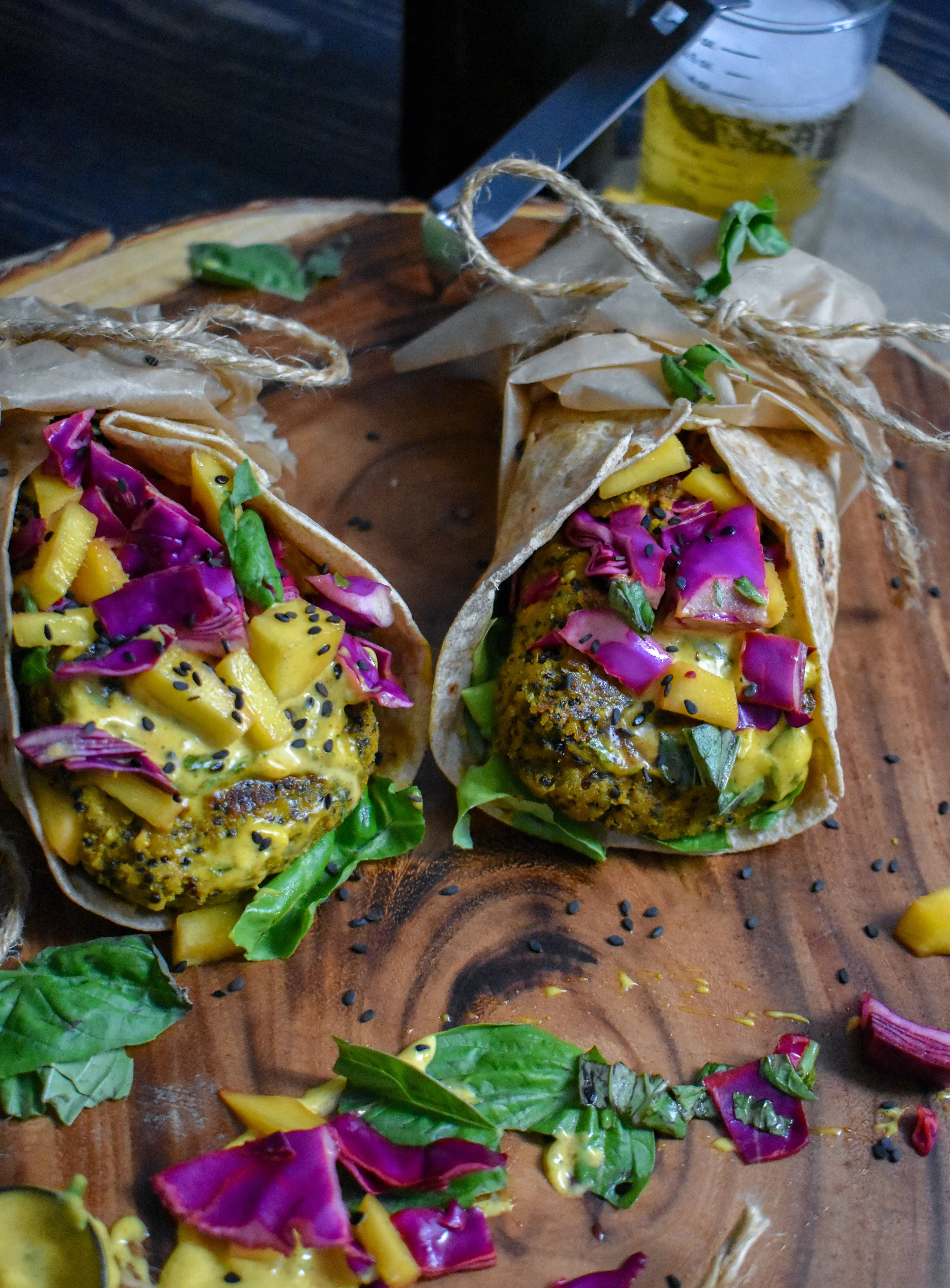Vegan Sweet Potato Curry Burger w/ Mango Cabbage Slaw + Basil Curry Aioli
