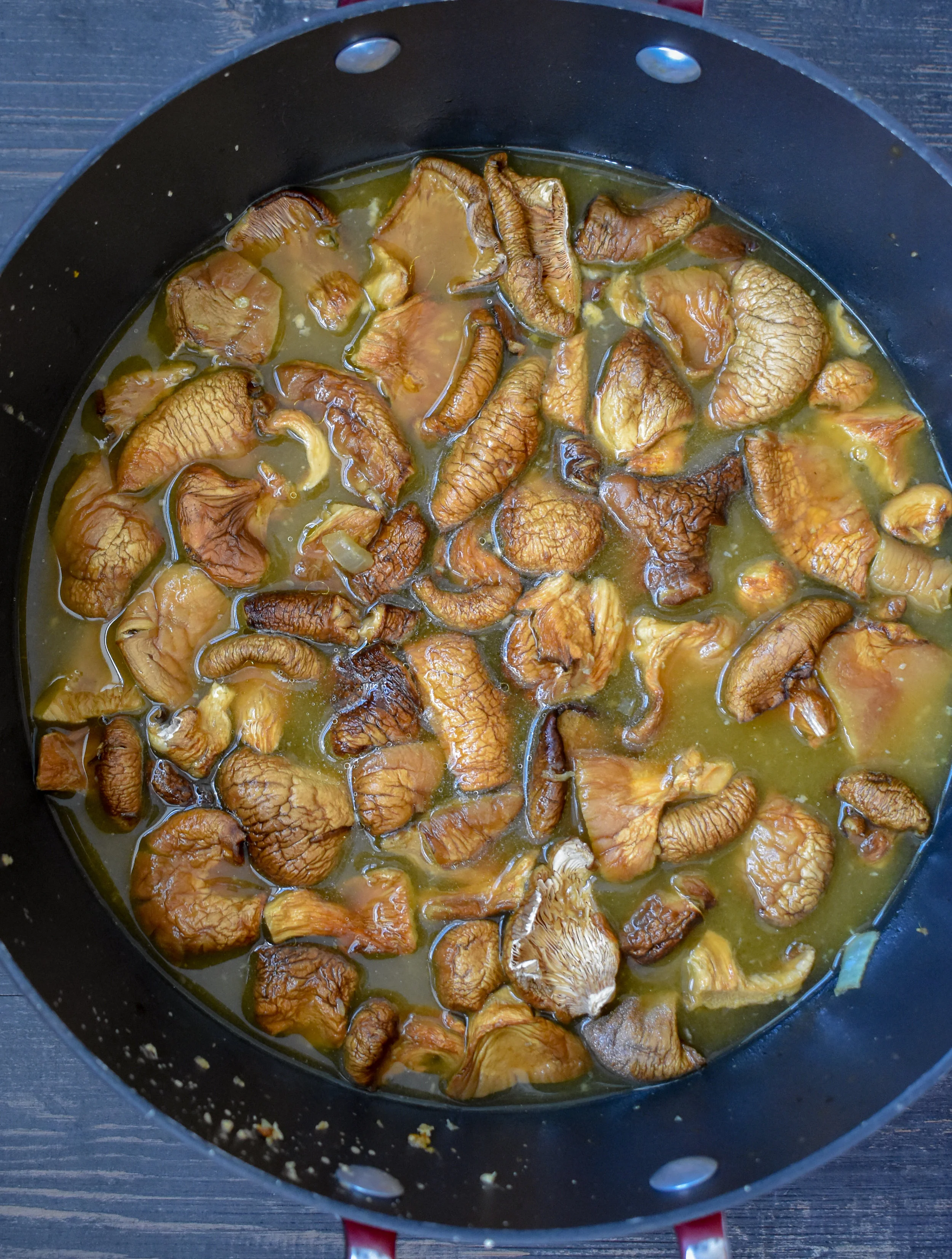 2. Next, add in broth, soy sauce, and oyster mushrooms. Bring to a boil then reduce to low heat and simmer for 30 minutes. After 30 minutes, add in the remaining ingredients for the broth and continue to simmer for another 15-30 minutes depending on length of cook. The longer it cooks the more the flavor grows. I keep it going until all the other elements done.