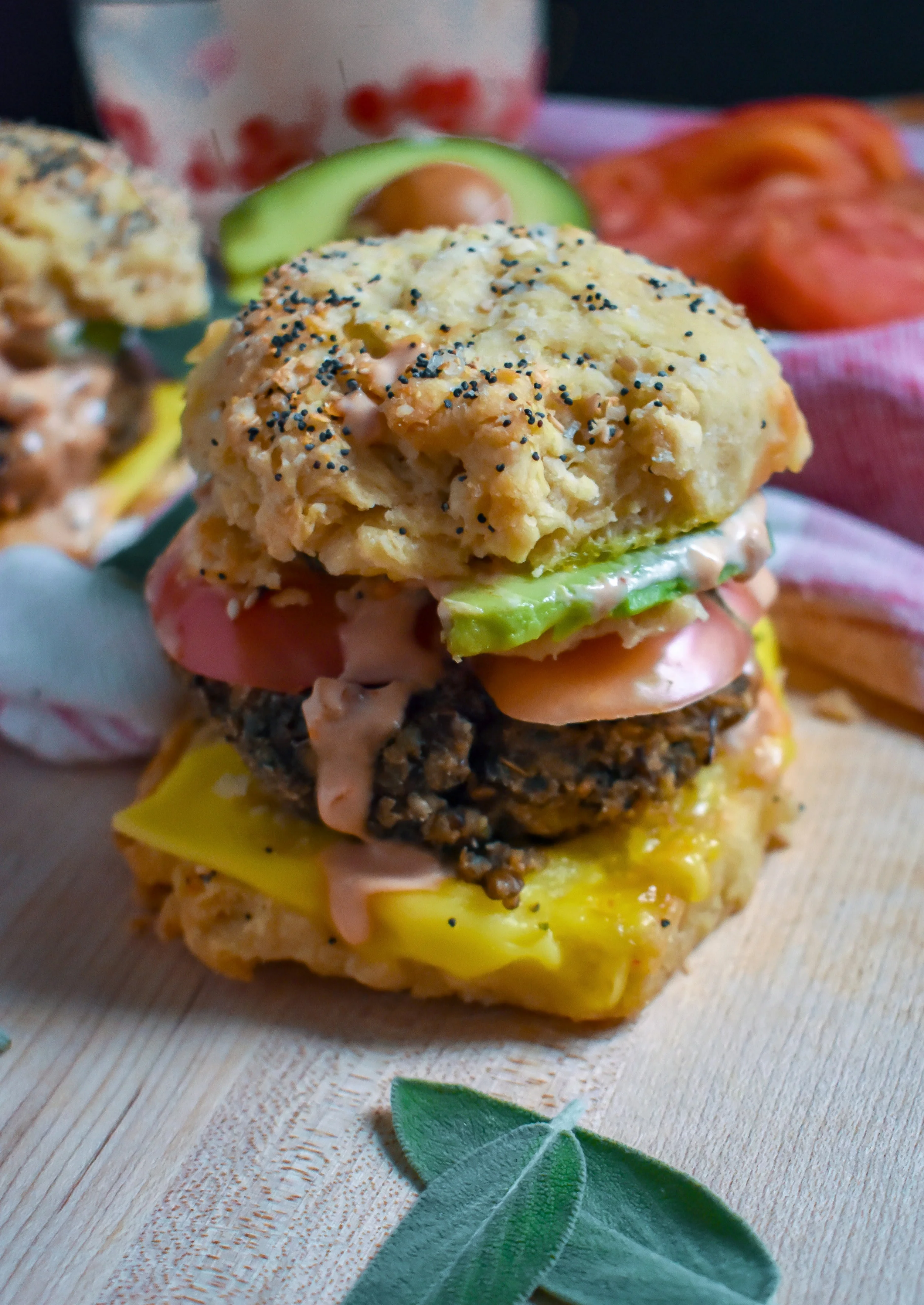 Vegan Everything Biscuit Breakfast Sandwich w/ Maple "Sausage," Dairyfree Cheese, Avocado, and Chipotle Aioli 