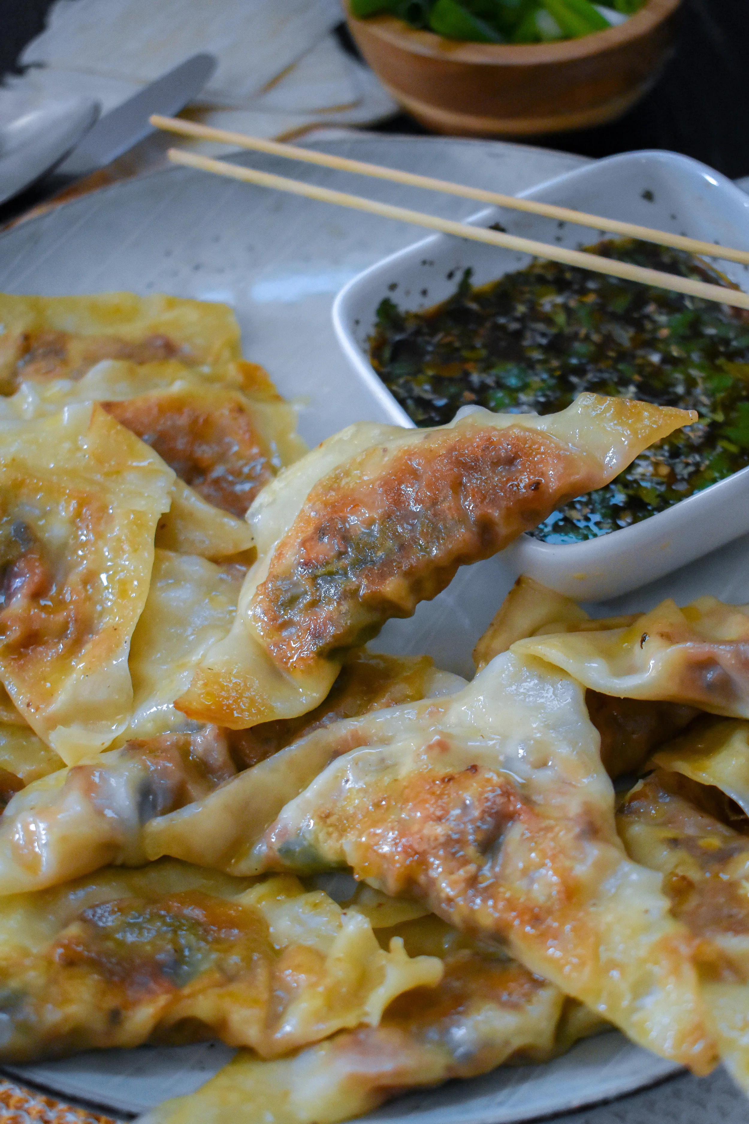 Vegan Sichuan Wontons w/ Spicy Oyster Mushrooms + Lime Ginger Garlic Dipping Sauce