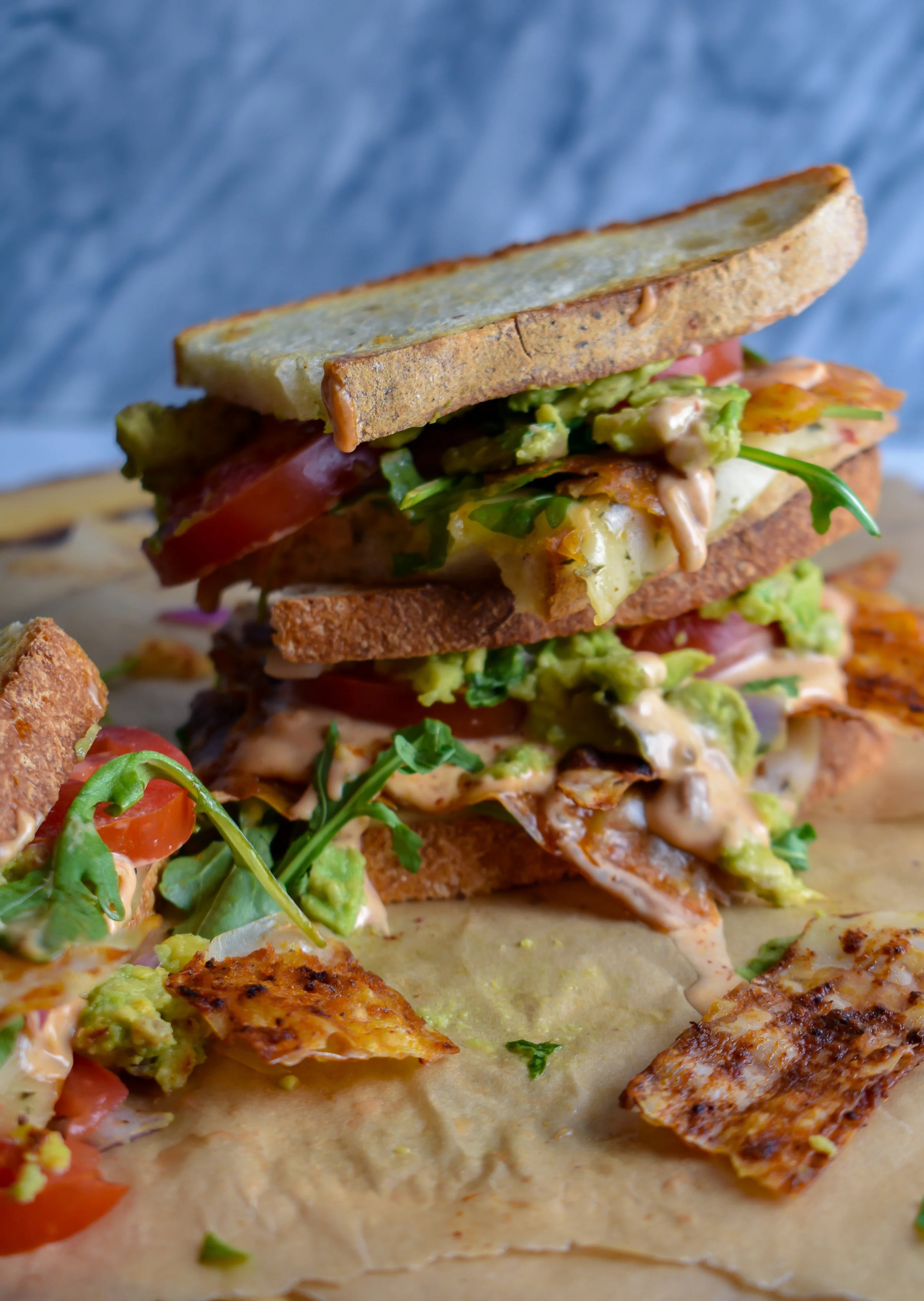 Vegan Ultimate Blt W Rice Paper Bacon Chipotle Mayo Guacamole And Pepperjack Cheese The Vegan Caveman