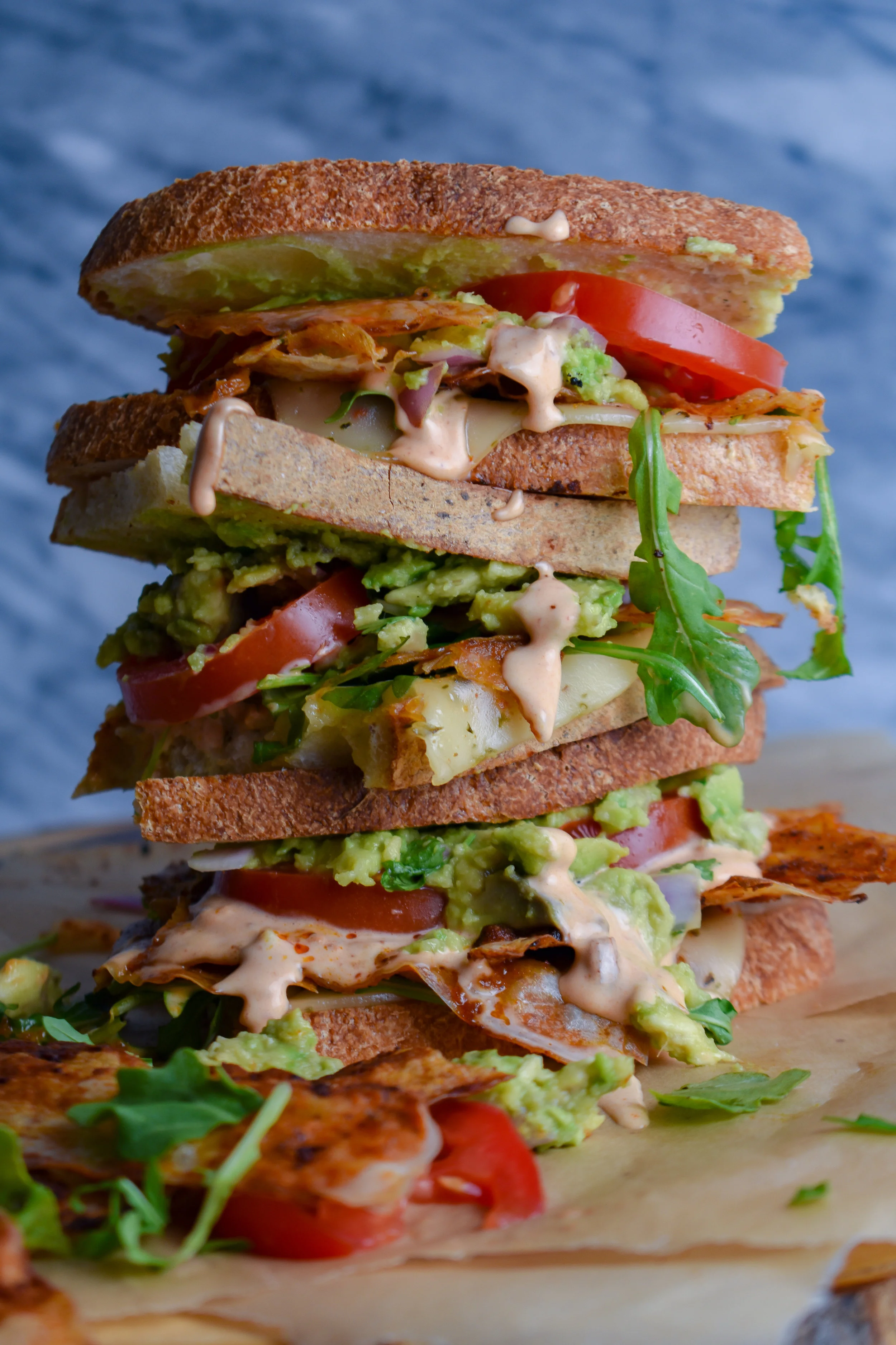 Vegan Ultimate BLT w/ Rice Paper Bacon, Chipotle Mayo, Guacamole, and Pepperjack Cheese