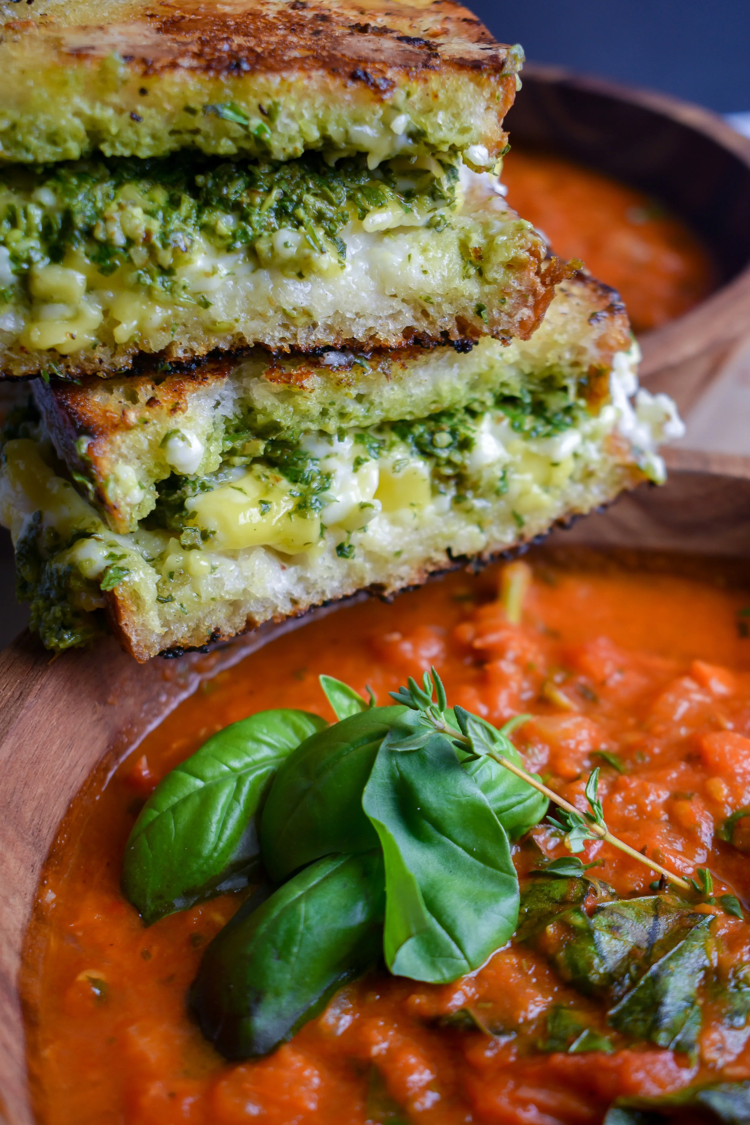 Roasted Tomato Basil Soup W Vegan Three Cheese Pesto Grilled Cheese The Vegan Caveman