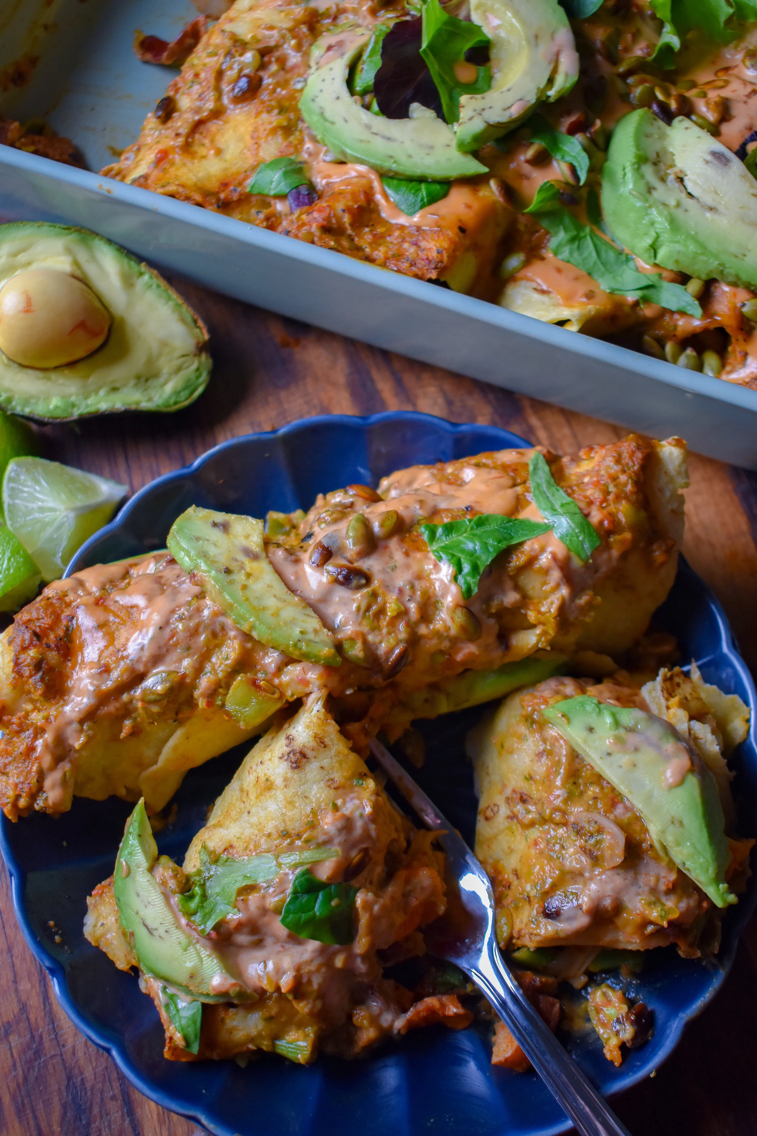 Vegan Carnitas Enchiladas w/ Crispy Chipotle Lime Potatoes + Charred Tomatilla Avocado Salsa Verde