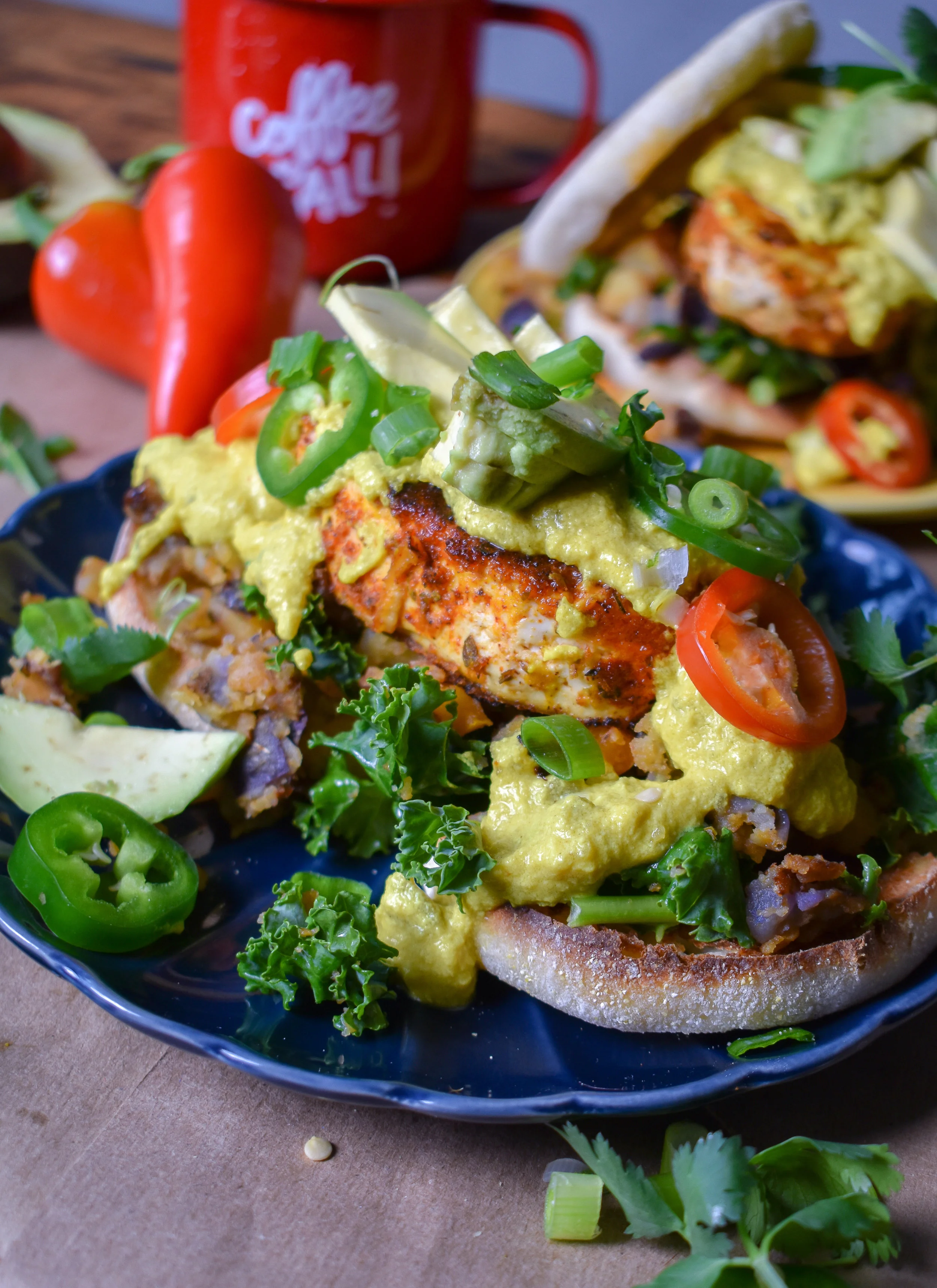 Vegan Southwestern Eggs Benedict w/ Green Chile Hollondaise + Spicy Tofu Cakes