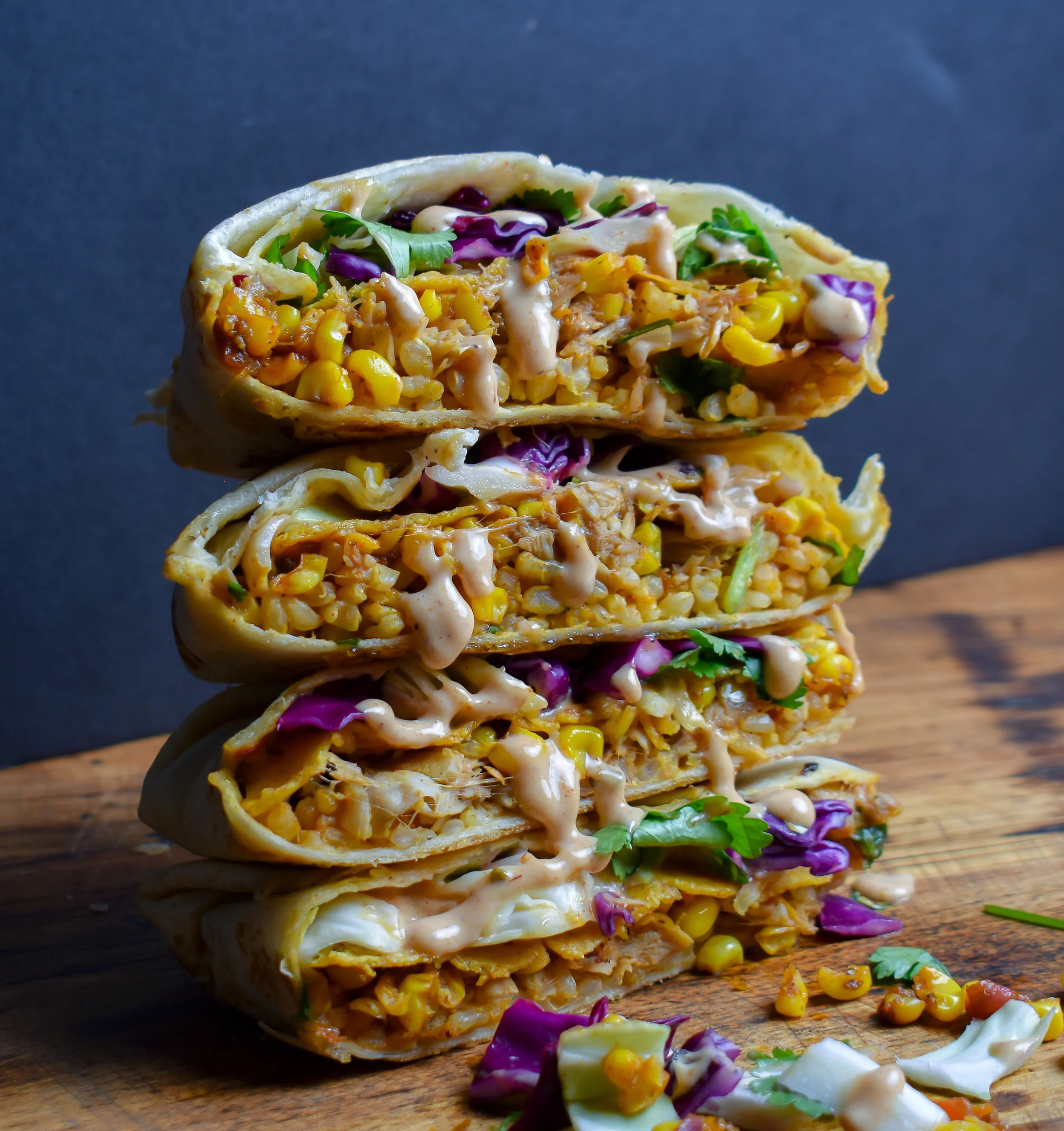 Vegan Baja Shredded "Chicken" Crunchwrap w/ Shredded Jackfruit, Lime Corn, and Baja Crema