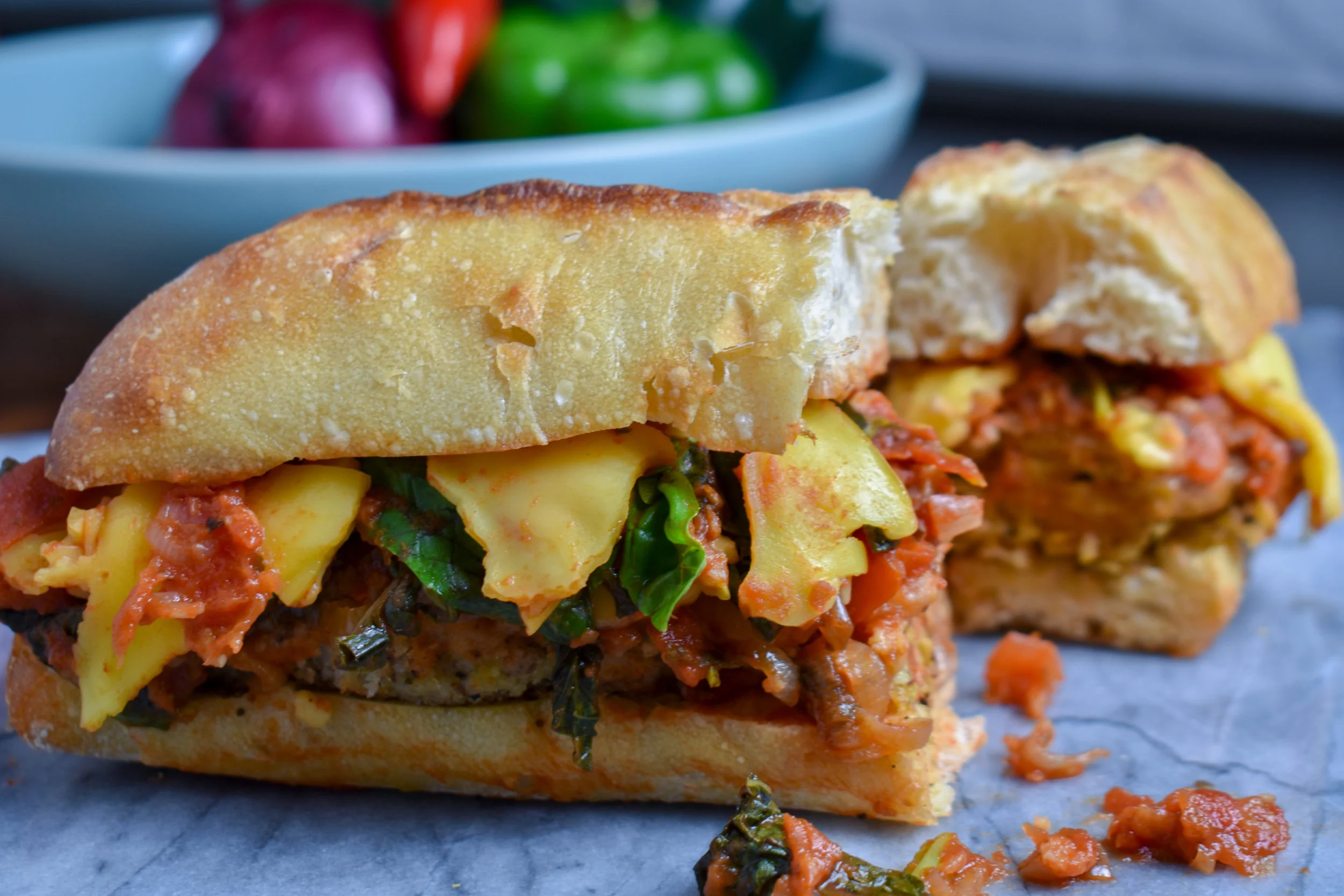 Vegan Chicken Parmesan Sandwich w/ Tomato Basil Sauce + Breaded Italian Chicken Seitan