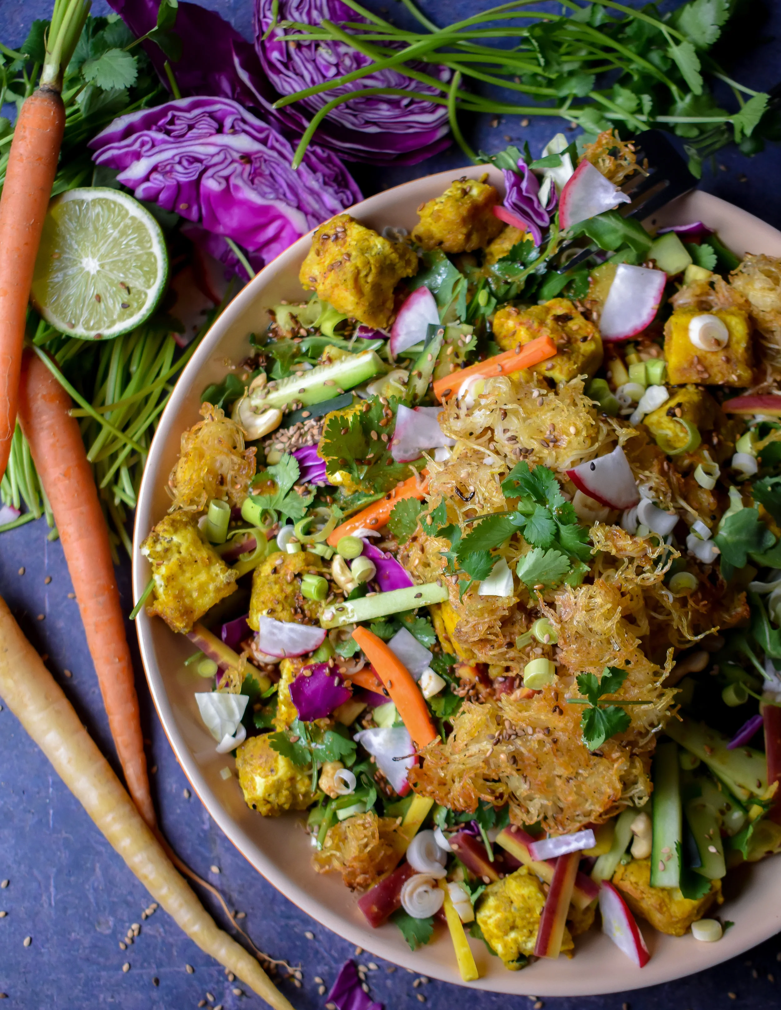 Vegan Indian Chopped Salad w/ Tofu Paneer + Cumin Curry Lime Vinaigrette 