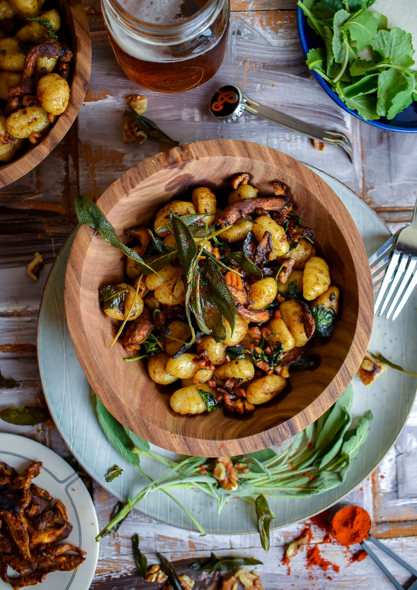 Vegan Smoked Paprika Brown Butter Gnocchi w/ Crispy Sage, Shiitake Bacon, and Pecans