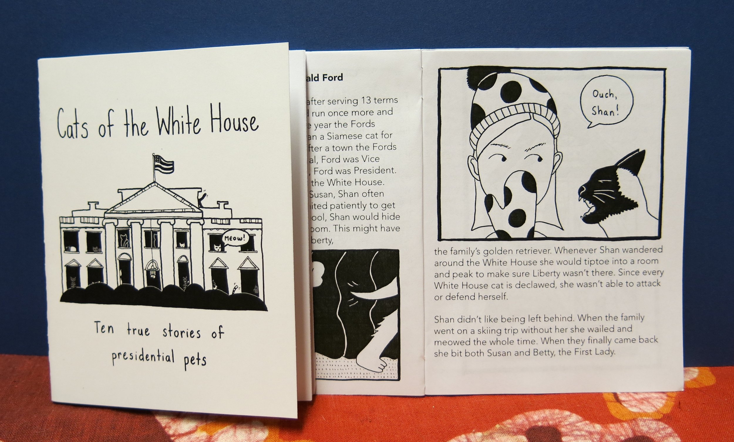  Ten historically accurate, illustrated tales of cats who have lived in the White House. Arranged chronologically by president, beginning with Abraham Lincoln ("Dixie" and "Tabby"), ending with George W. Bush ("India").  Black and white, 22 pages, 3.