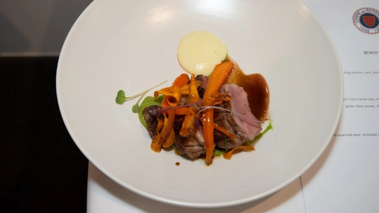 Alex’s main course of roast lamb leg with smoked potato foam, honey glazed baby carrots, green bean purée, chicken livers, carrot crisp and stout jus.