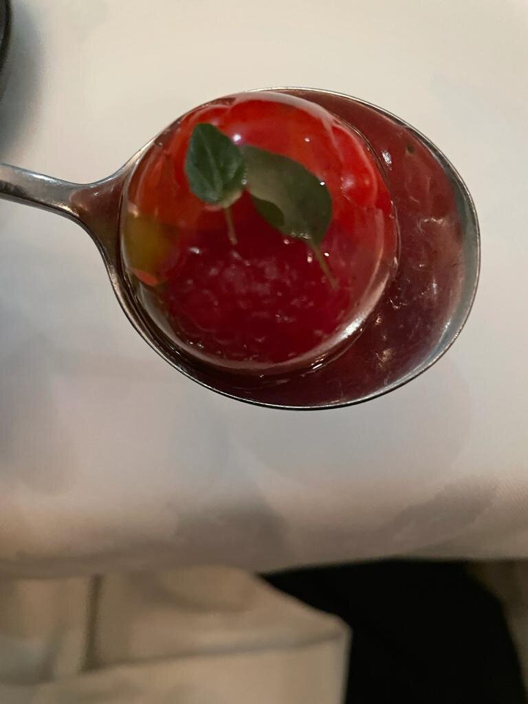 Tomato, raspberry, olive and prosecco jellies