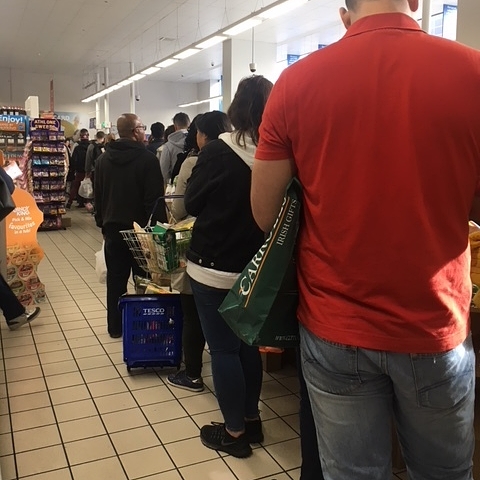 Tesco [grocery store] was a MAD HOUSE. Everyone was stocking up for the storm. I was probably 60th in line for the registers.
