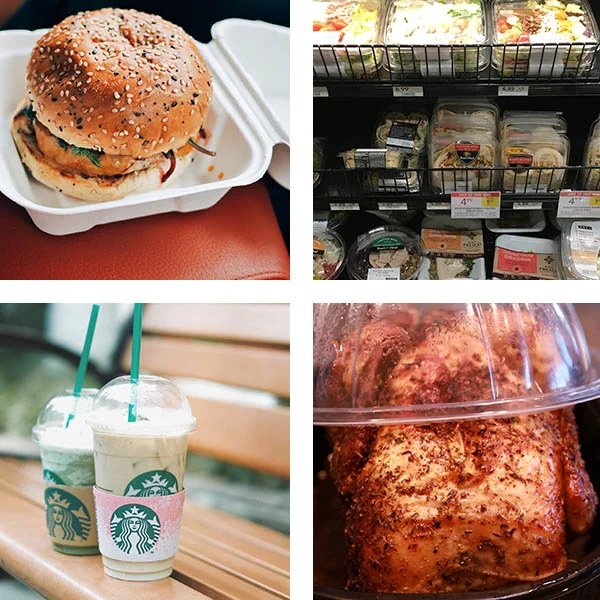 Carry out food from various restaurants and groceries all packed in plastic opposed to eco friendly materials