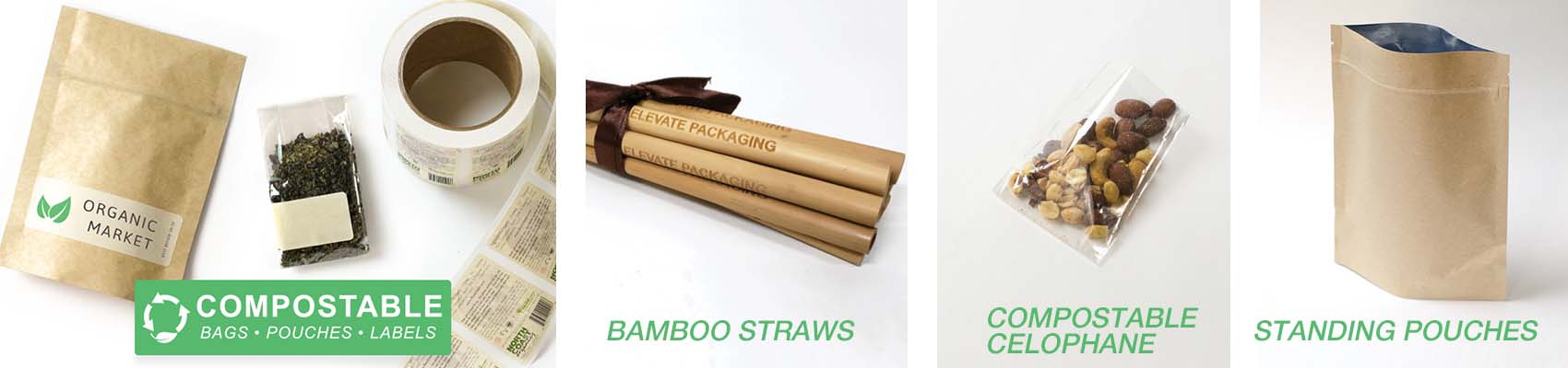 Compostable pouches, Cellophane, stickers, packaging and bamboo straws