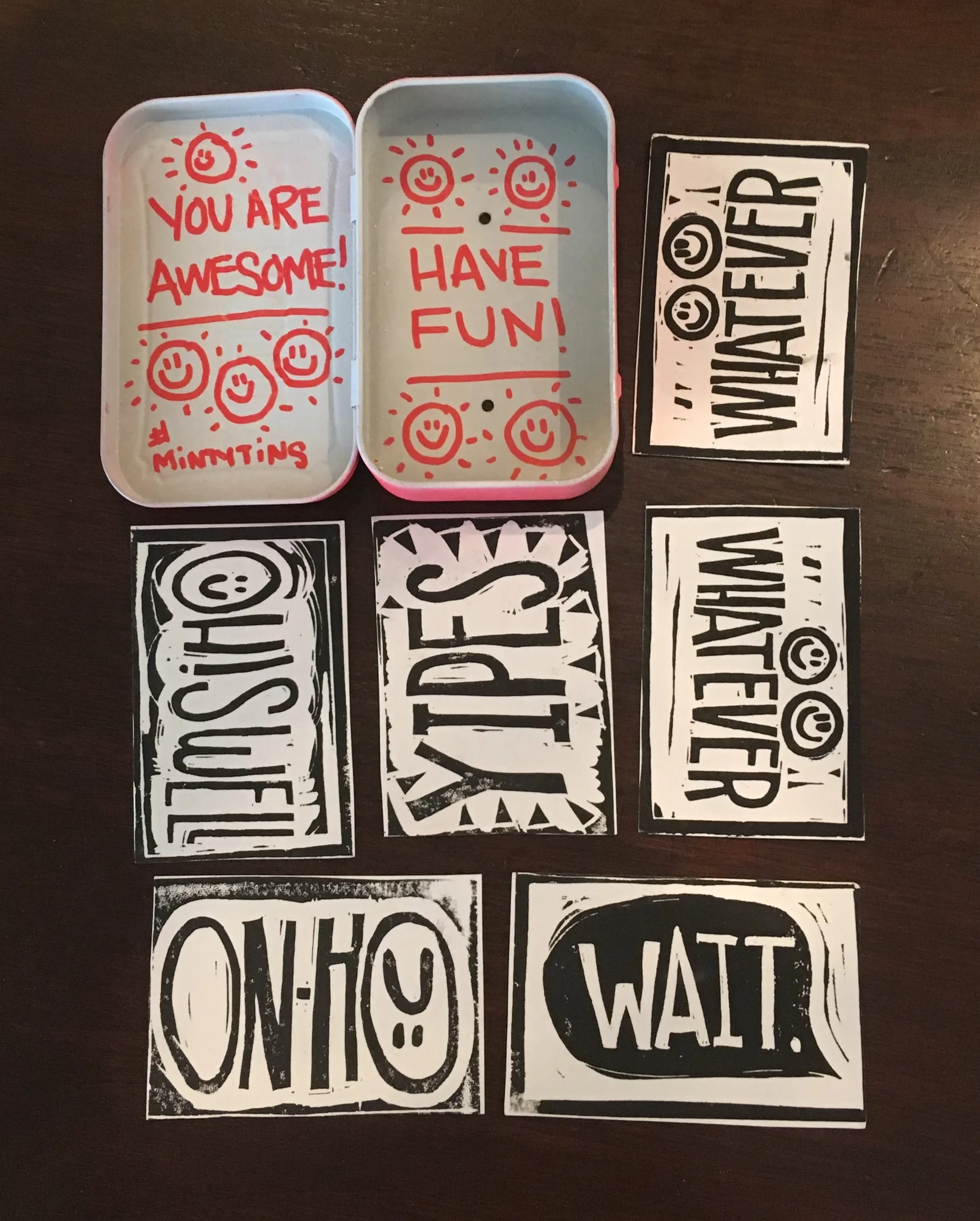 Words inside, words outside, words on cards, smiley faces all over - lots of smiley faces.