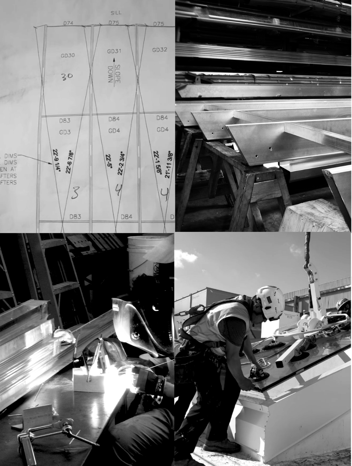 A collage of four black-and-white photos related to metalworking and construction. The first shows a detailed technical blueprint or diagram of metal parts. The second displays stacked metal sheets and parts on workbenches. The third captures a workshop or construction site with tools, metallic objects, and a person working. The fourth features a worker in a hard hat assembling or inspecting a piece of machinery or equipment outdoors.