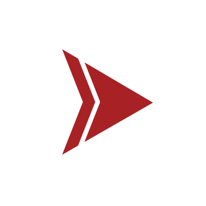 A stylized play button icon with a white outline, a black inner border, and a red filled arrow on a black background.