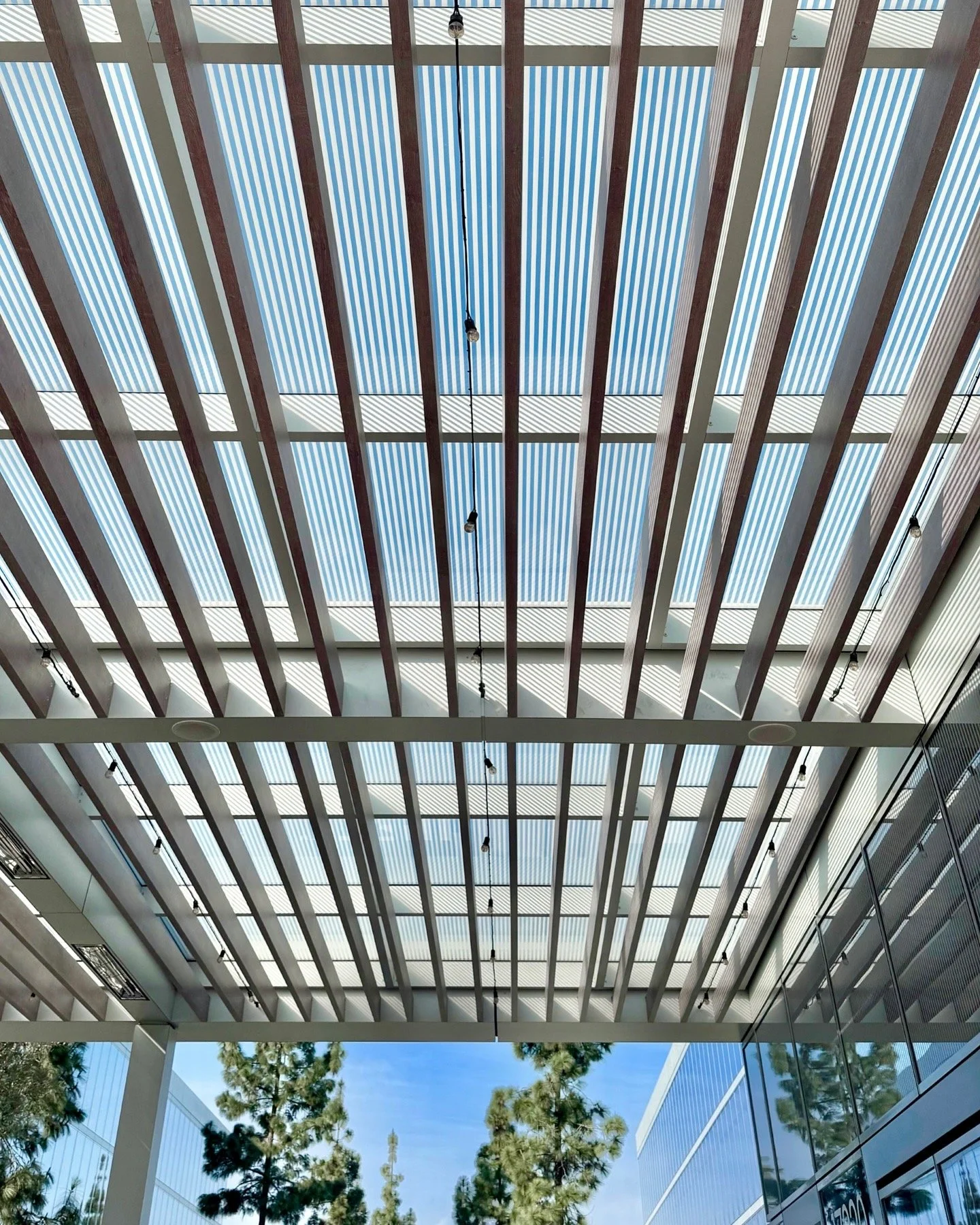 View of the ceiling of a modern building with a geometric pattern of parallel metal beams and translucent panels allowing natural light to enter. The open area below shows trees and part of the sky through glass walls.