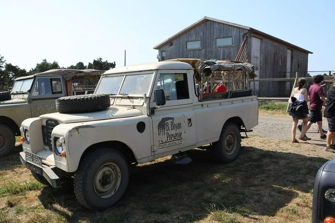 An old white Land Rover with a spare tire on the front hood parked on a dirt area next to a wooden barn, with people walking nearby.