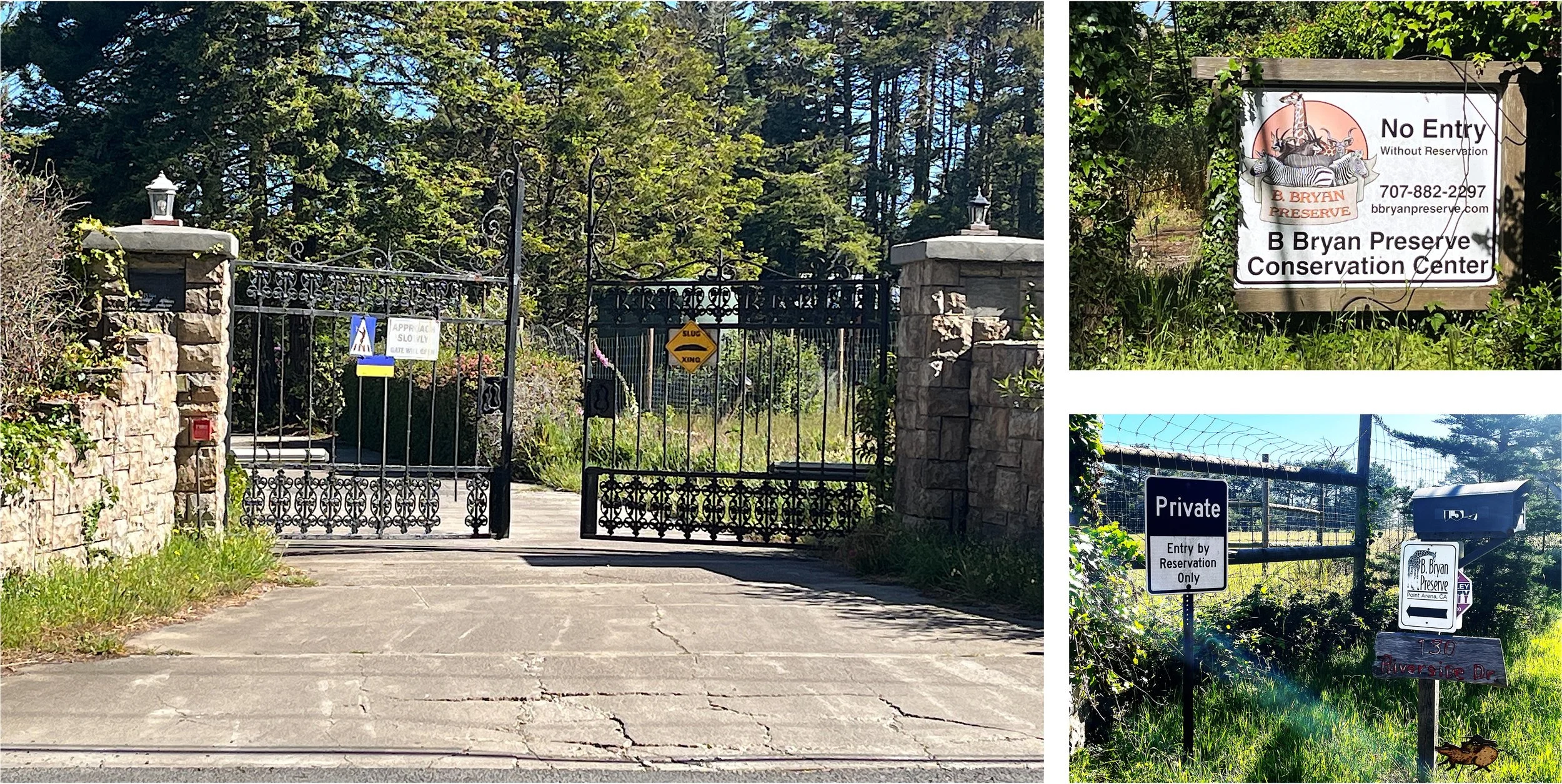 Gated entrance with stone pillars to B Bryan Preserve, signage indicating no entry without reservation, private entry, and signs with the preserve's name and contact information. Surrounding greenery and trees visible.