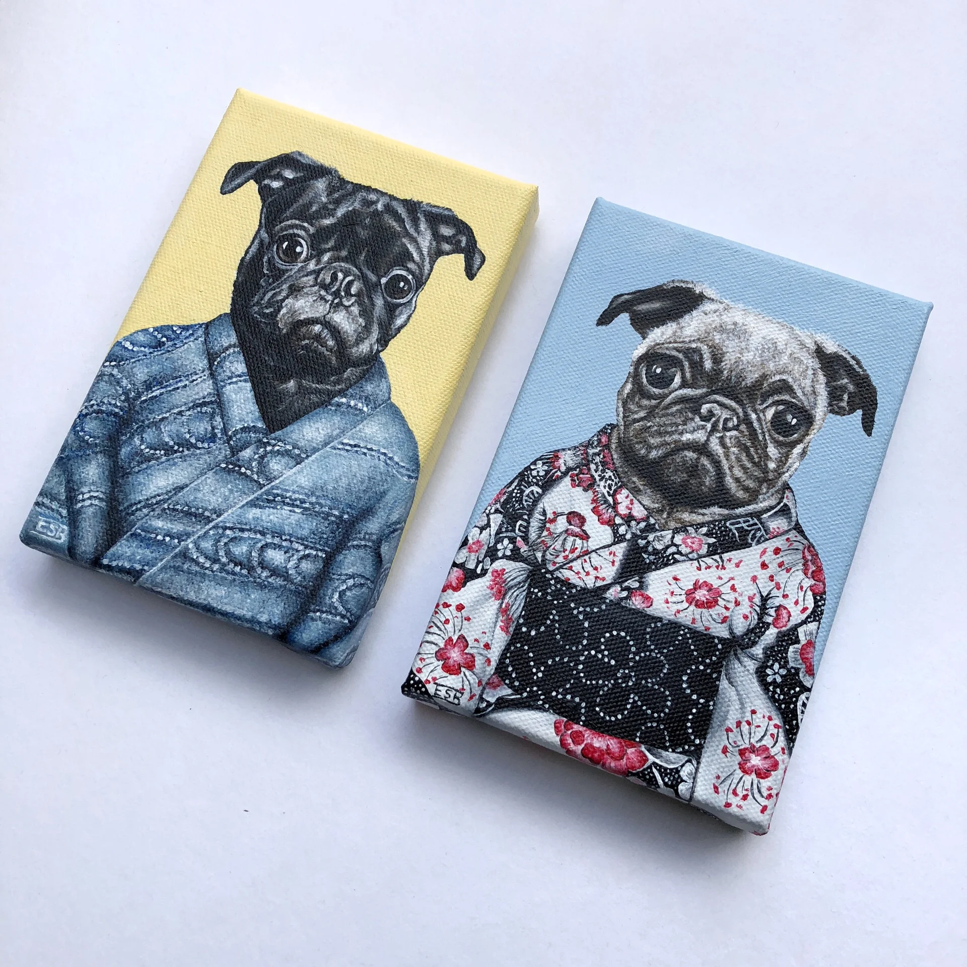 Custom acrylic dog portrait of two pugs wearing a kimono and a yukata on canvas by Emma Sage Fine Art, Los Angeles.