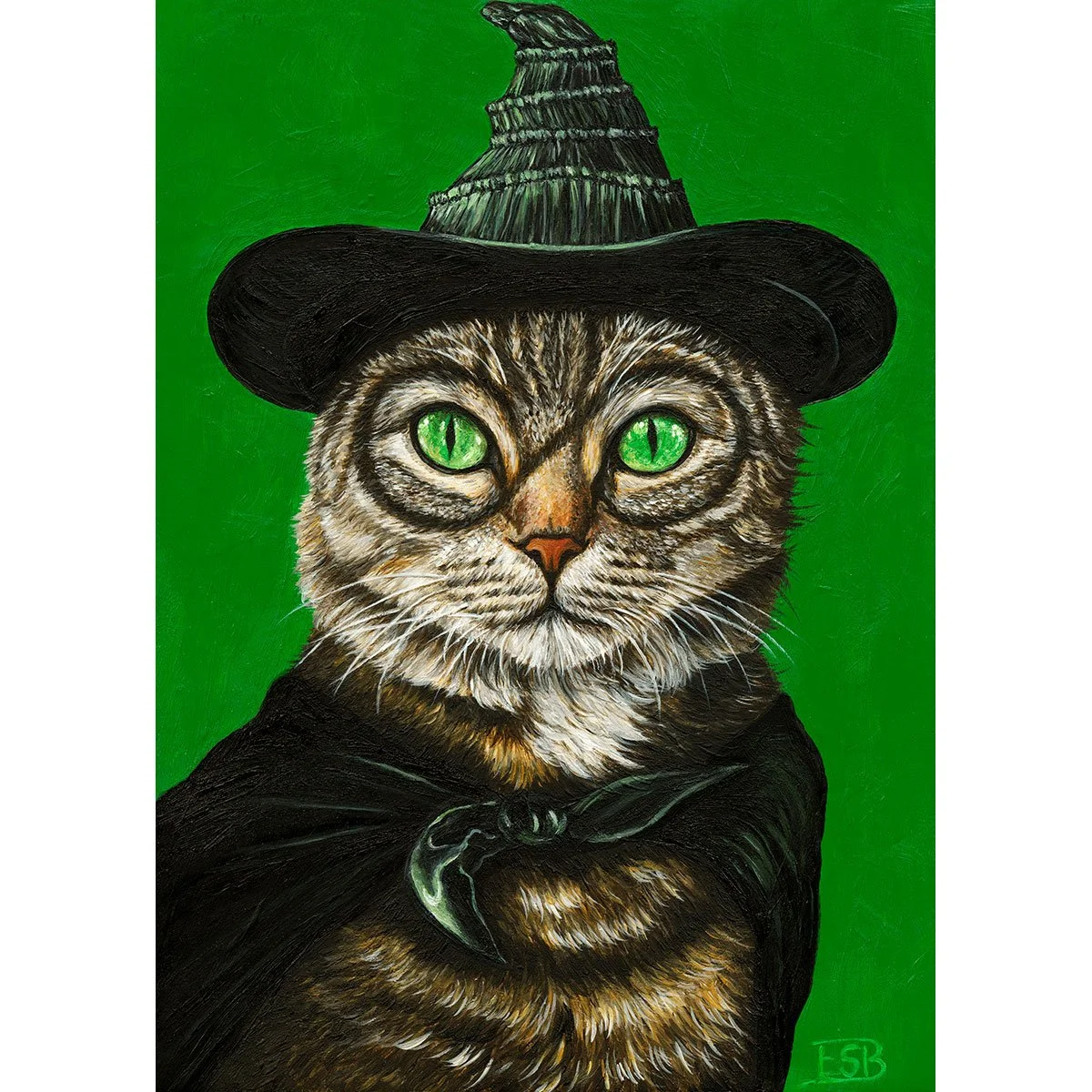 Acrylic cat portrait of a tabby cat dressed as Elphaba from Wicked on wood panel by Emma Sage Fine Art, Los Angeles.