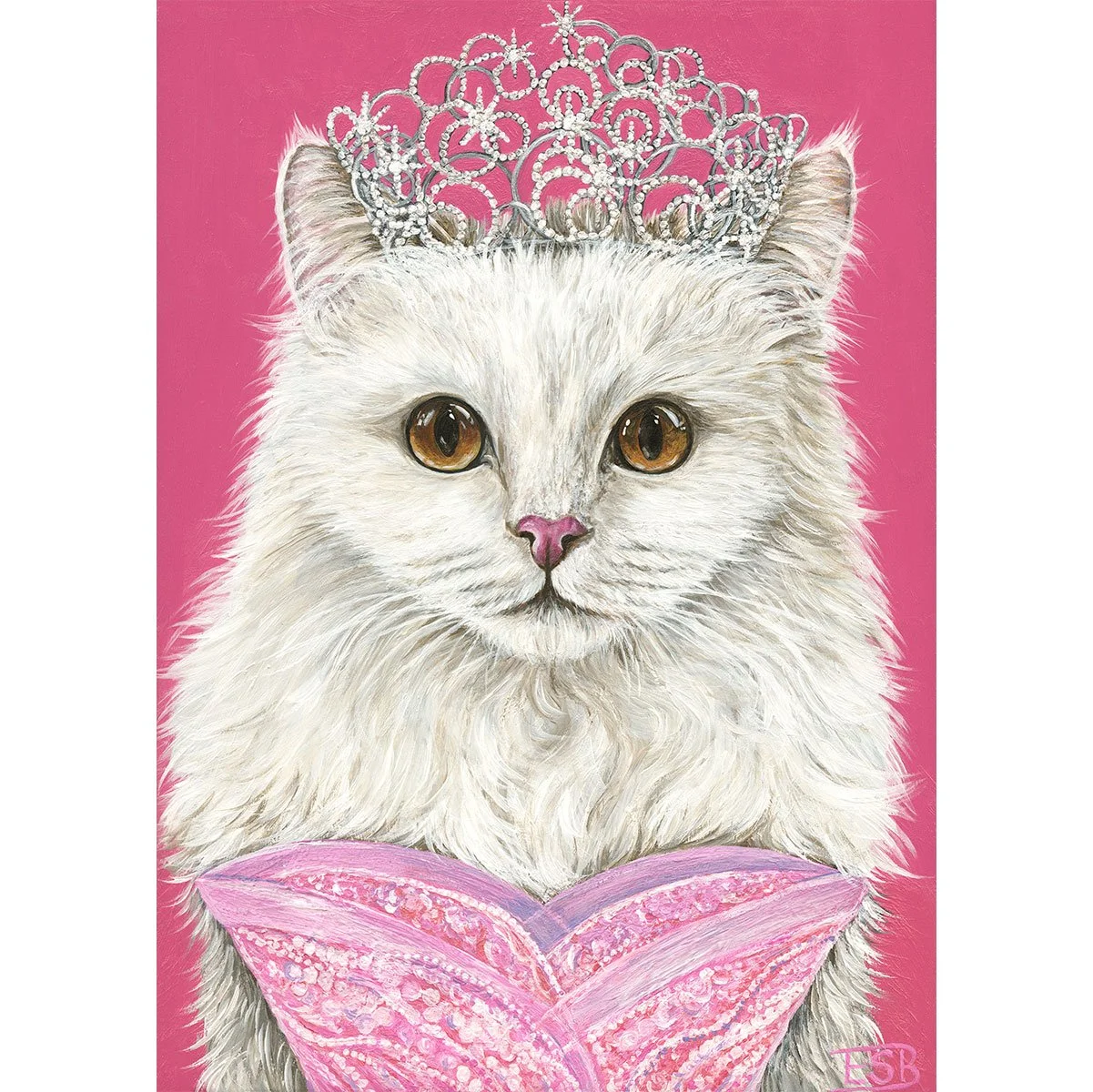 Acrylic cat portrait of a white cat dressed as Glinda from Wicked on wood panel by Emma Sage Fine Art, Los Angeles.
