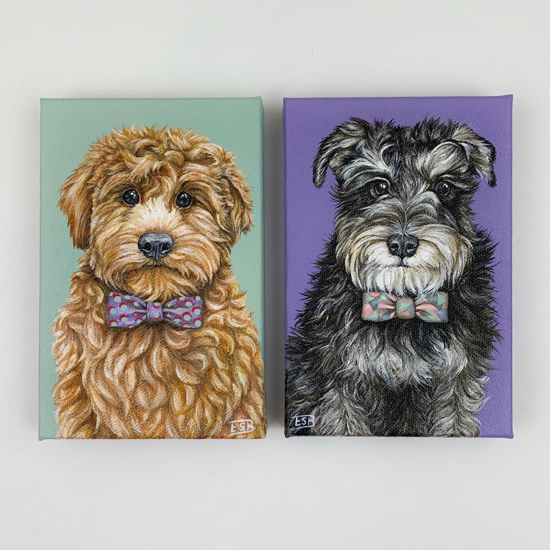 Custom acrylic dog portraits of two dogs, one Goldendoodle and one Terrier, wearing bowties on canvas by Emma Sage Fine Art, Los Angeles