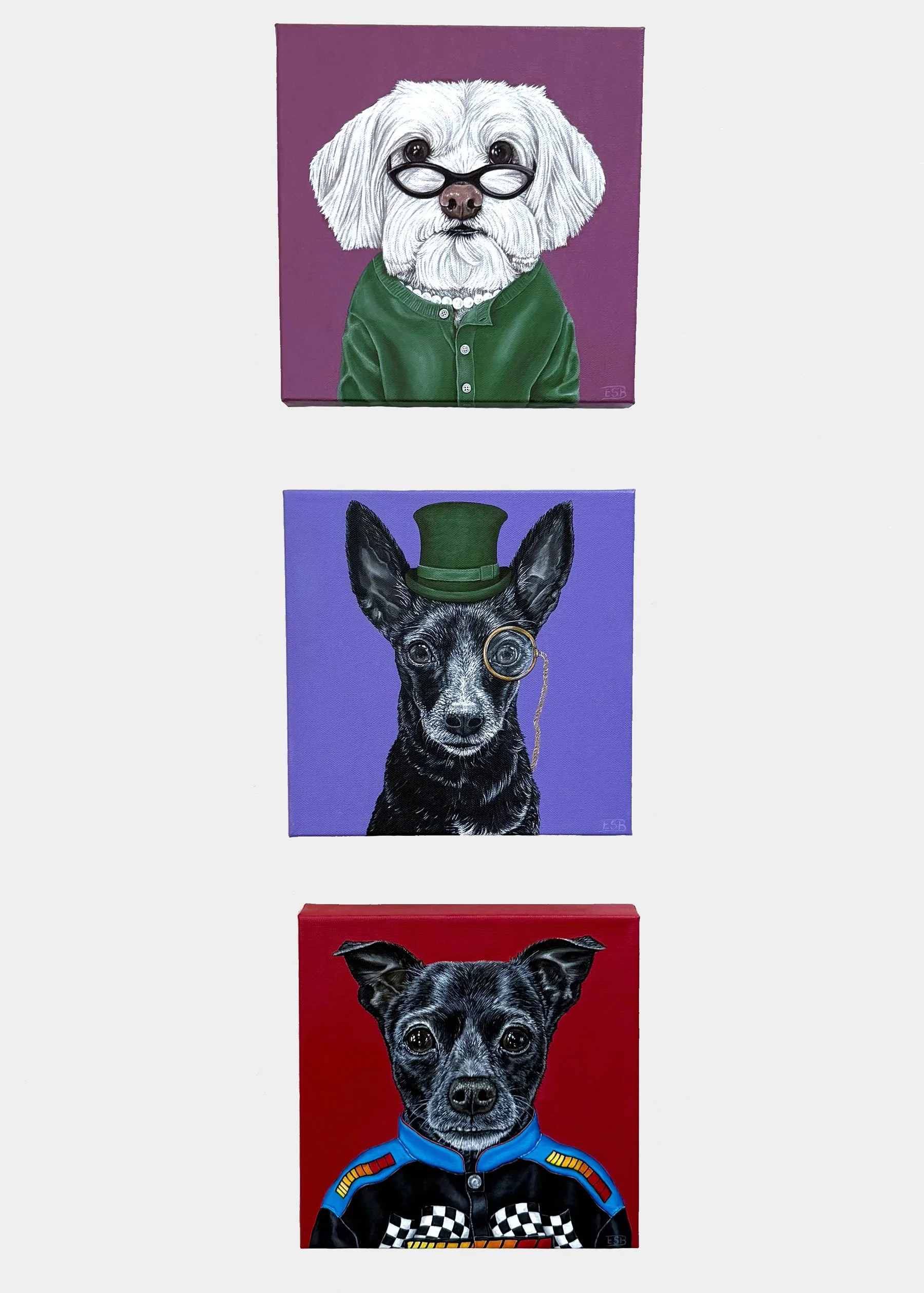 Three custom dog portraits hanging together by Los Angeles animal artist Emma Sage Fine Art.