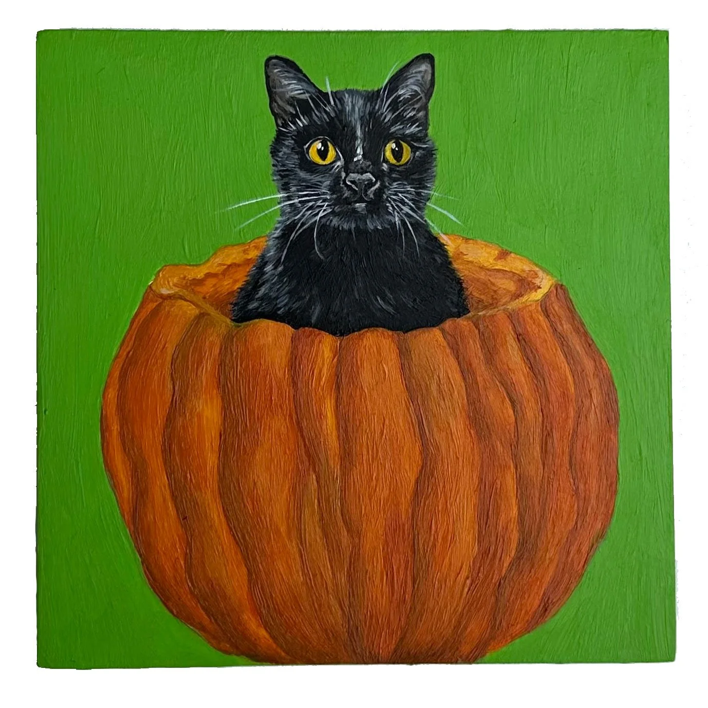 Custom acrylic cat portrait of a black cat sitting in a pumpkin on wood panel by Emma Sage Fine Art, Los Angeles.