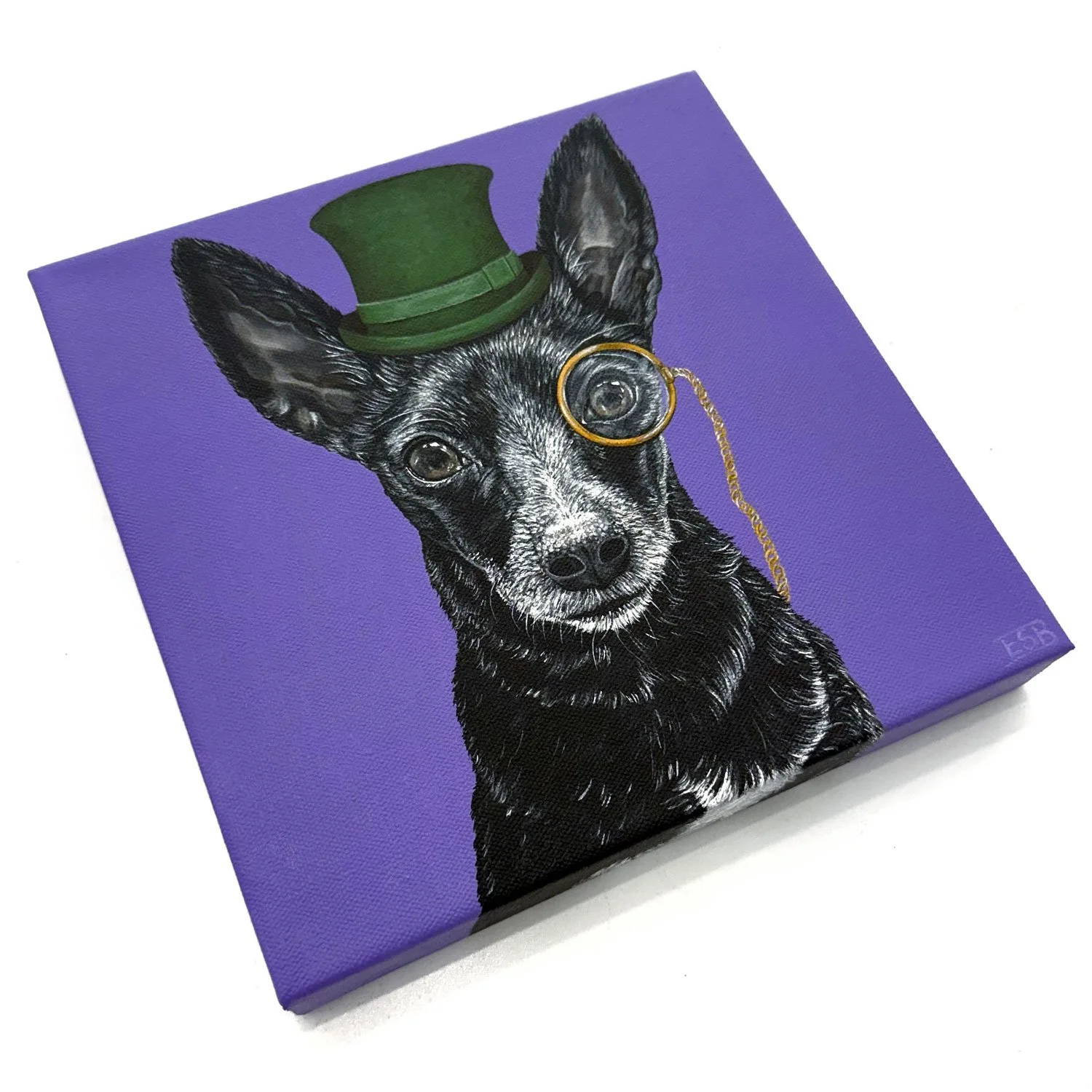 Custom acrylic dog portrait of a black dog in a top hat and monocle on canvas by Emma Sage Fine Art, Los Angeles.