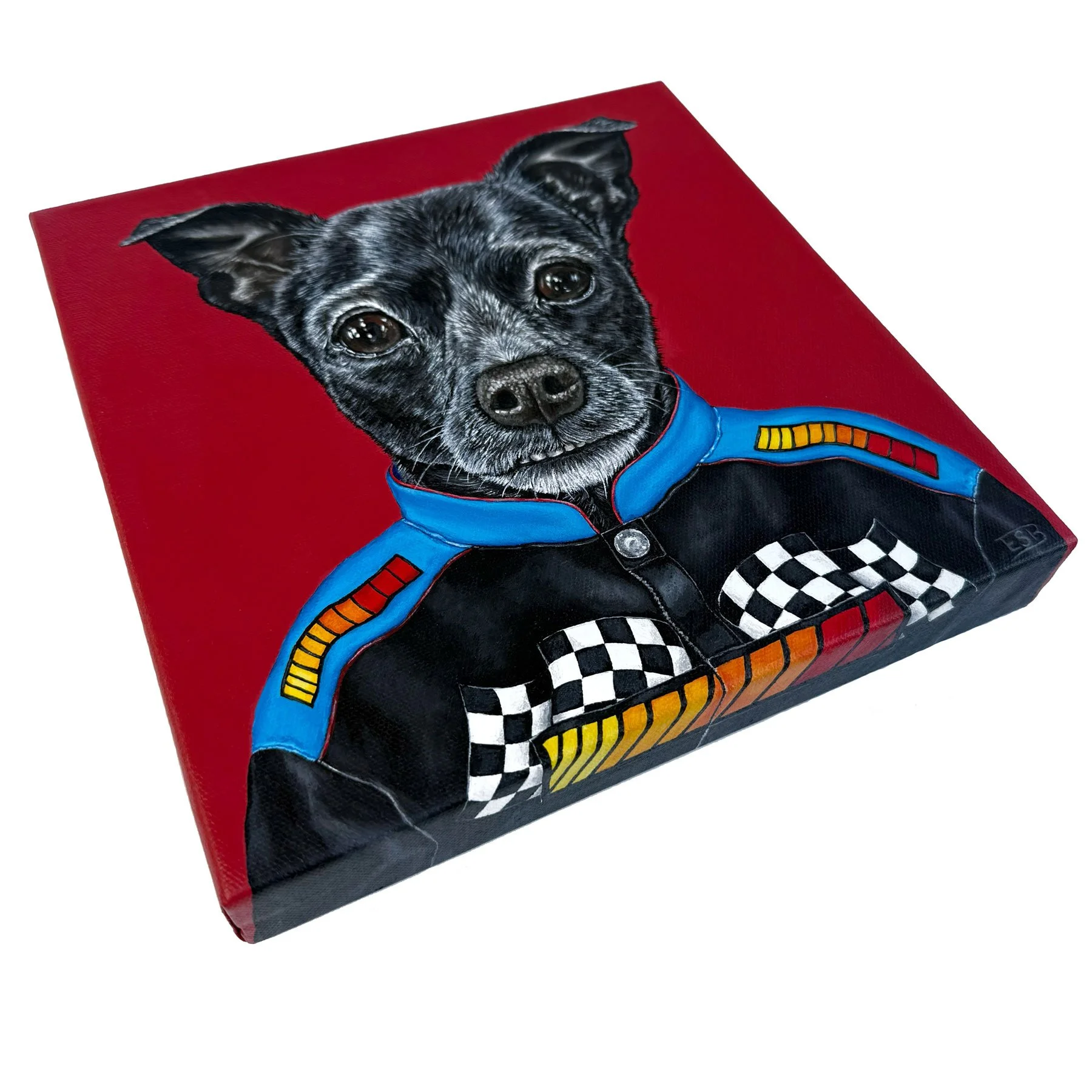 Custom acrylic dog portrait of a black dog in a racing jacket on canvas by Emma Sage Fine Art, Los Angeles.