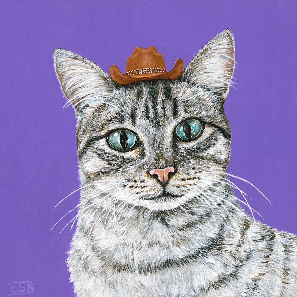 Acrylic painting of a grey tabby cat wearing a tiny brown cowboy hat, painting by Santa Monica artist Emma Sage Fine Art.