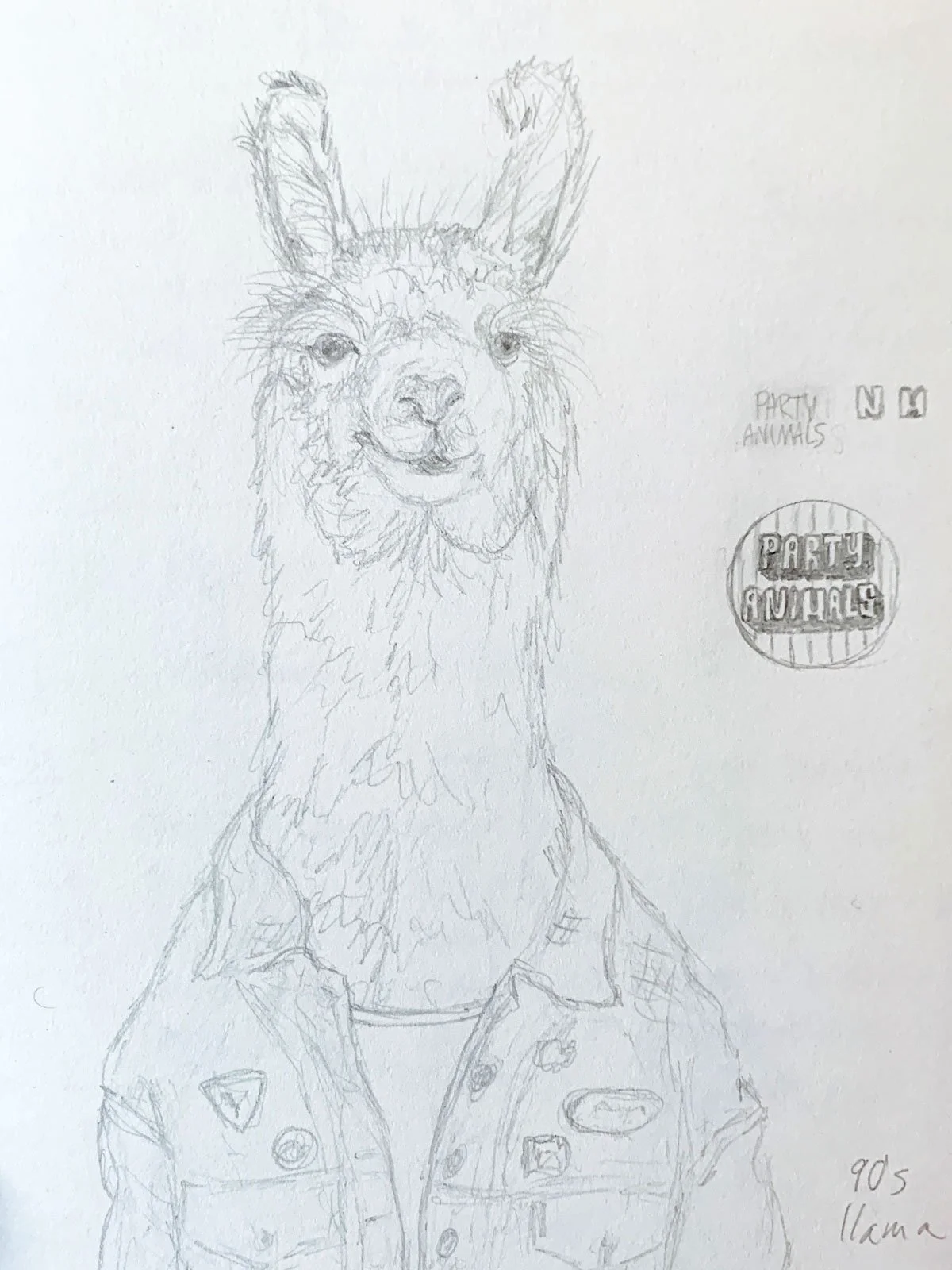 An initial concept sketch of acryic artist Emma Sage Fine Art's painting, Party Llama