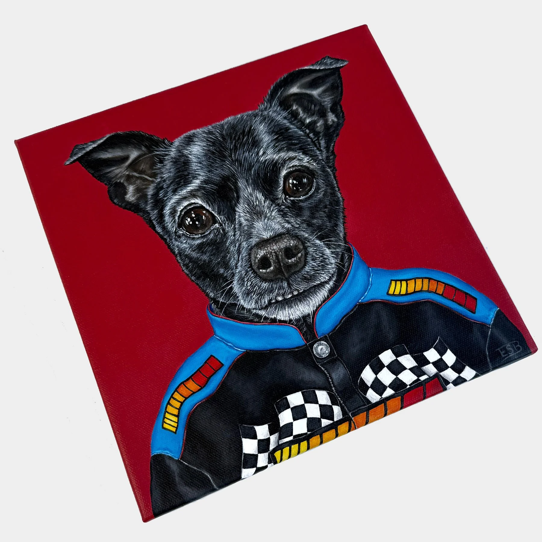 Custom dog portrait of a black dog wearing a racing jacket by Los Angeles acrylic painter Emma Sage Fine Art.