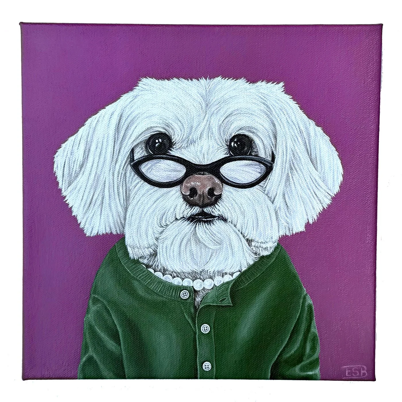 Custom acrylic dog portrait of a white dog in a cardigan and glasses on canvas by Emma Sage Fine Art, Los Angeles.