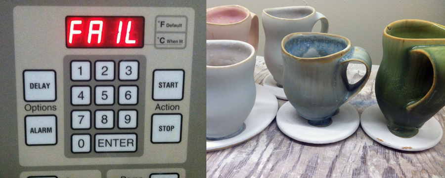When I first moved to Penland in 2011, my old kiln was not happy about trying to fire cone ten crystalline glazes. The mugs on the right show what you get when you use hypersensitive glazes that are not getting the firing cycle that they prefer. 