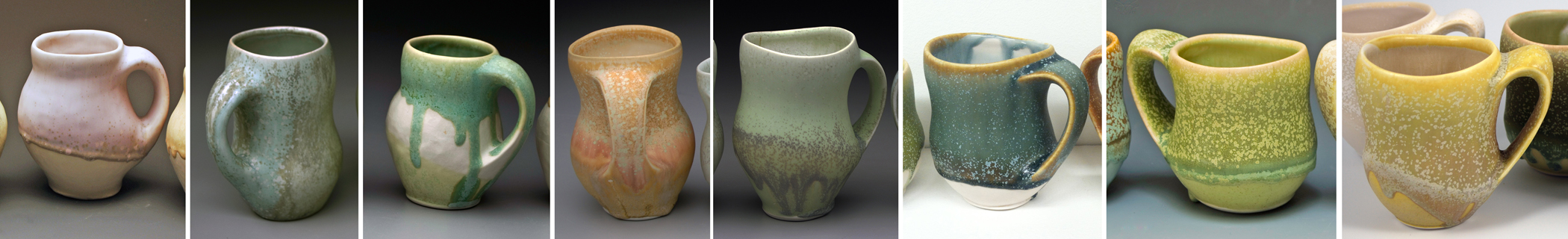 These images show the evolution of my mugs since I began exploring a form that I initially was calling a vertigo design. Some of the transformations are internal to the mug, or to the process of making. Others you can see happening, like watching the development of a hollow handle that harmonized with the form. 