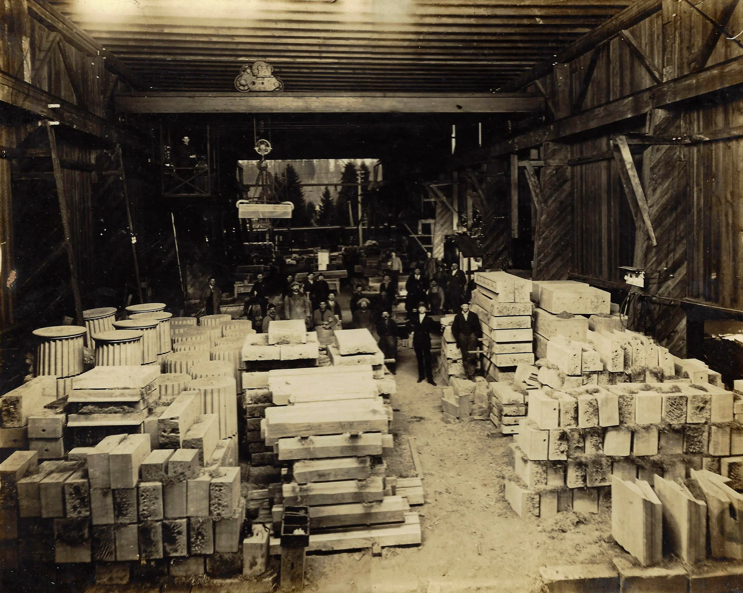 Inside the cutting shed at one of Tenino's sandstone quarries.