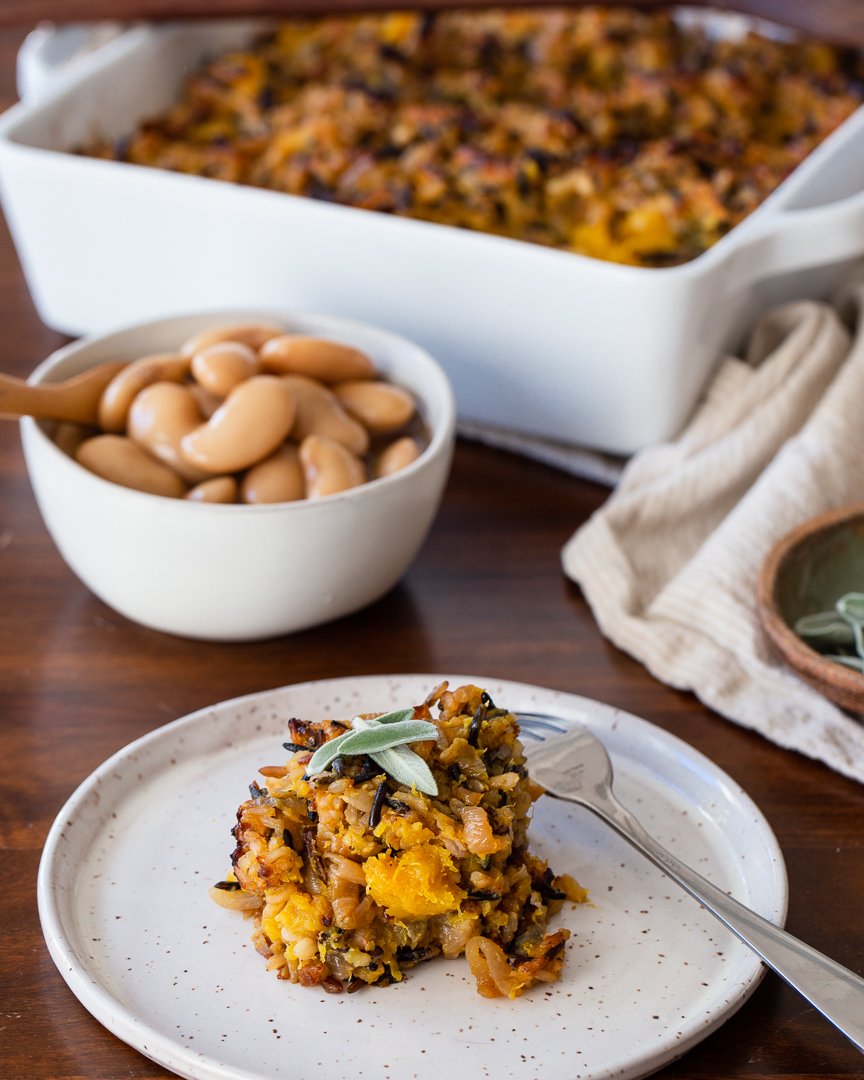 wild rice stuffing with roasted squash and sweet &amp; sour onions
